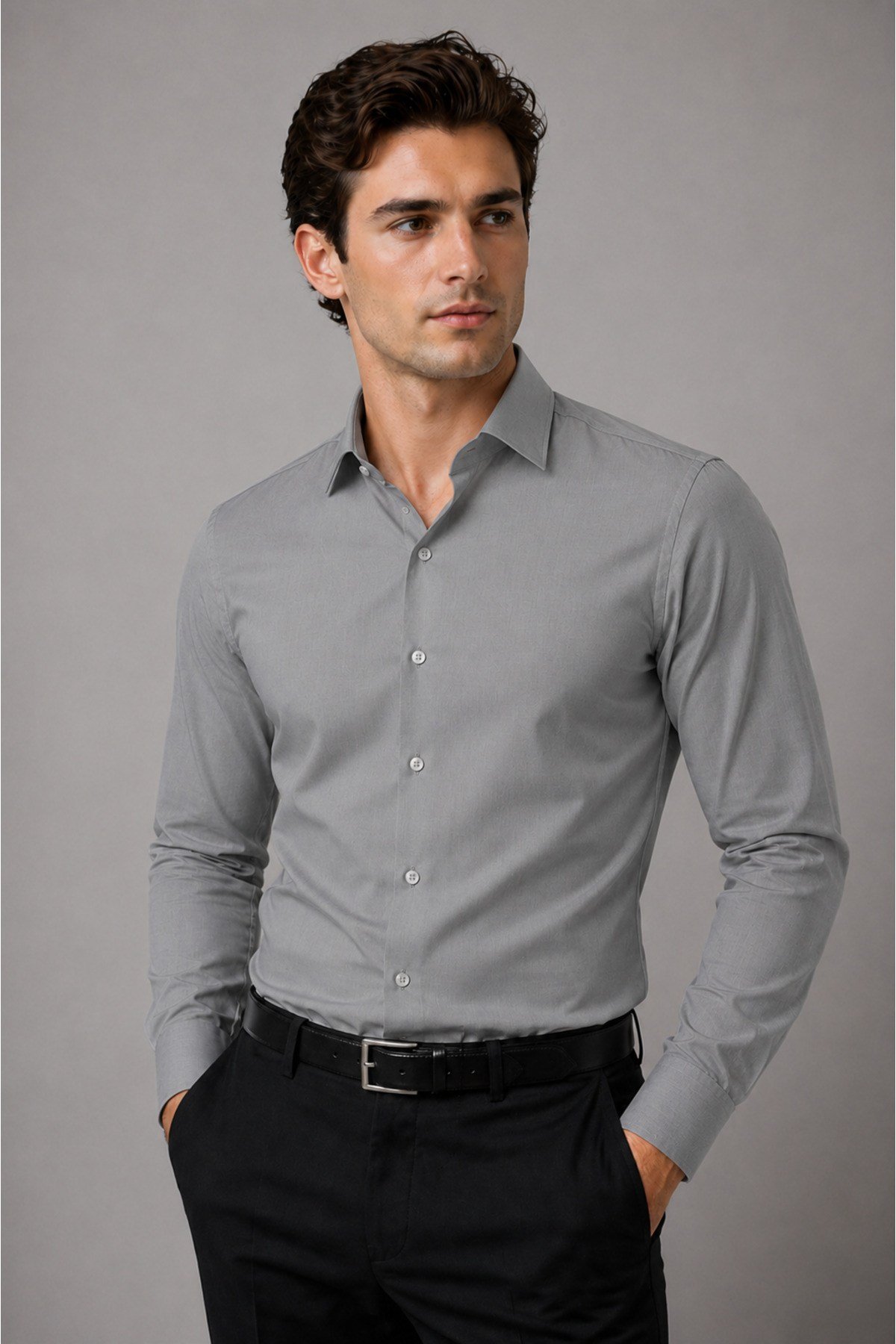 Erkek Slim Fit Gömlek Uzun Kollu Klasik Şık Ofis Günlük Pamuk Saten Karışımlı