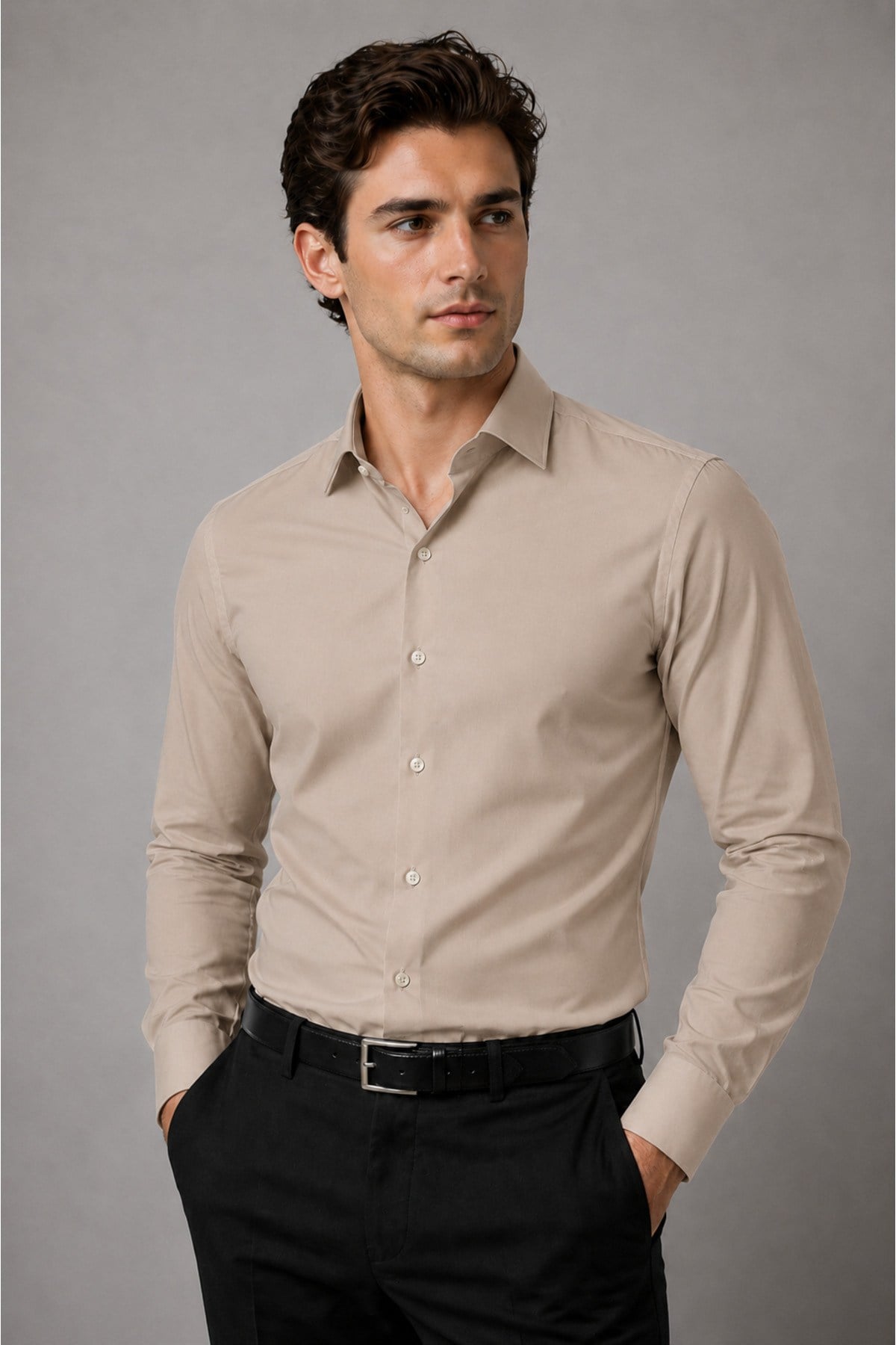 Erkek Slim Fit Gömlek Uzun Kollu Klasik Şık Ofis Günlük Pamuk Saten Karışımlı