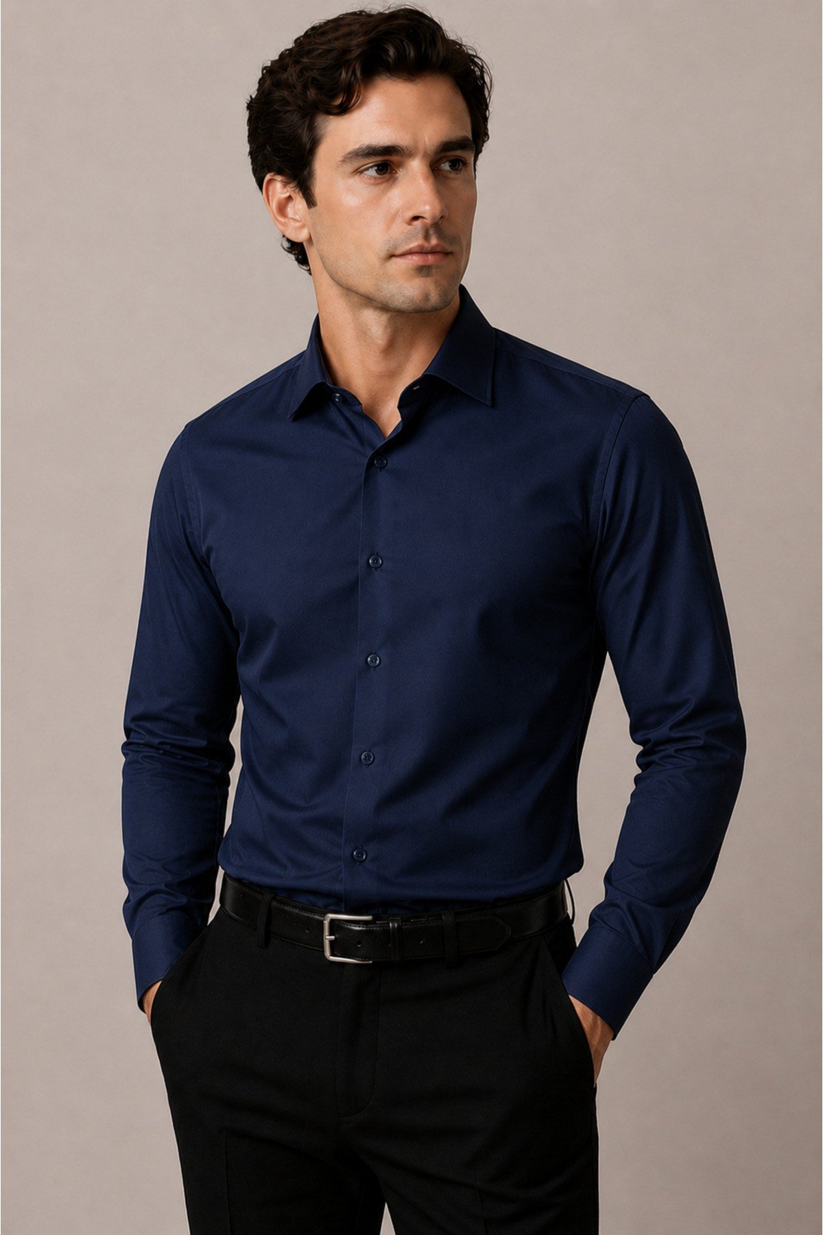 Erkek Slim Fit Gömlek Uzun Kollu Klasik Şık Ofis Günlük Pamuk Saten Karışımlı