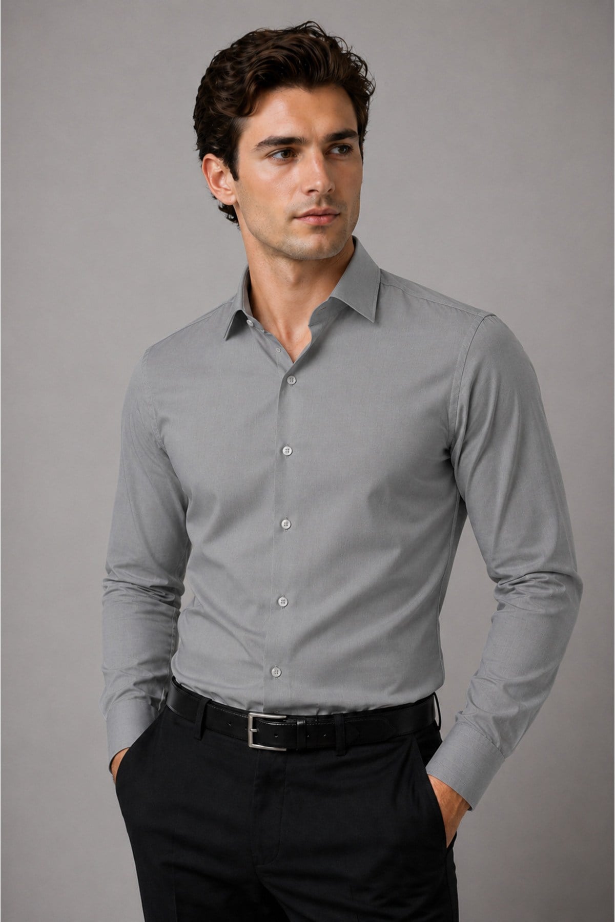 Erkek Slim Fit Gömlek Uzun Kollu Klasik Şık Ofis Günlük Pamuk Saten Karışımlı