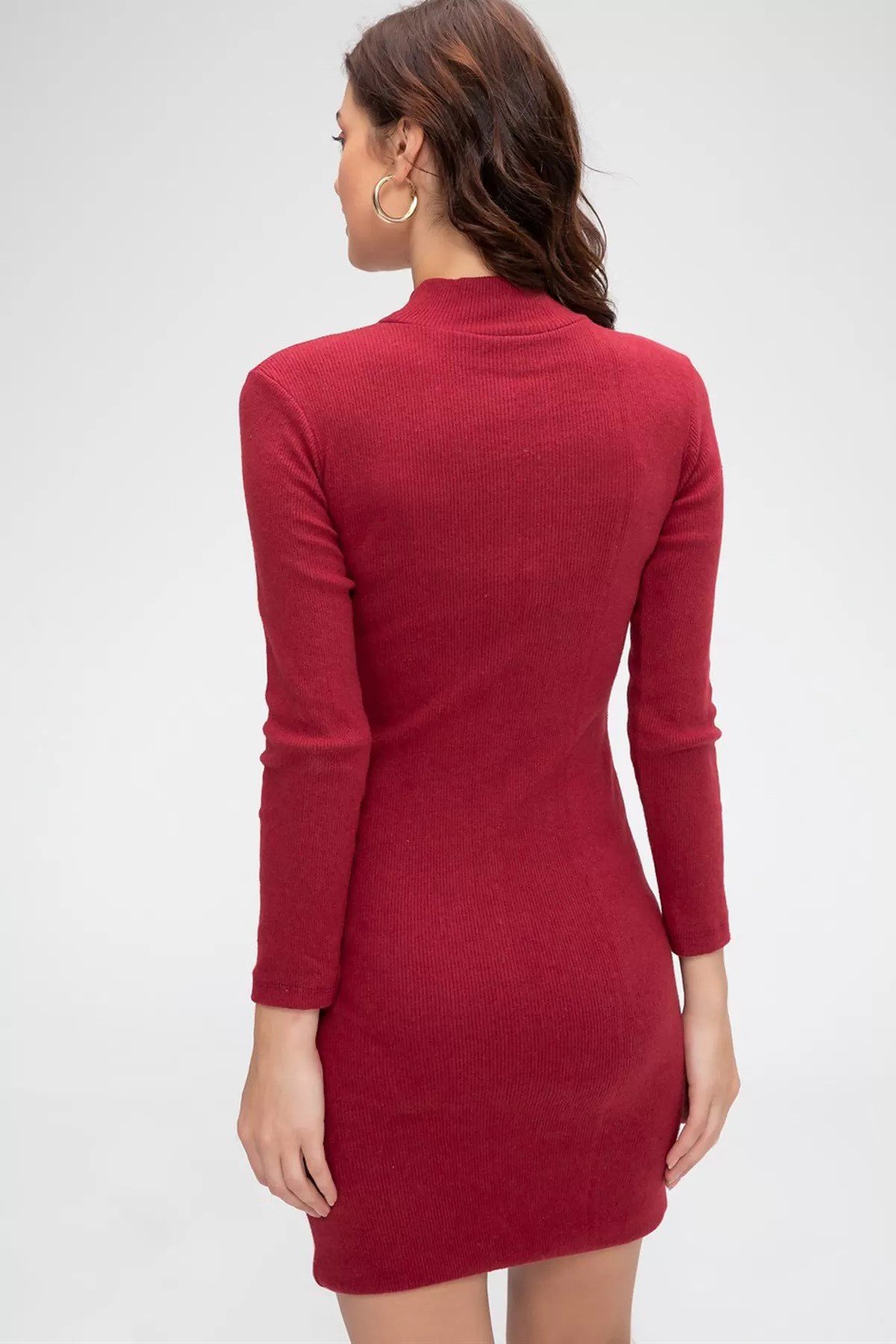 Kırmızı Kaşkorse Balıkçı Yaka Uzun Kollu Bodycon Mini Elbise