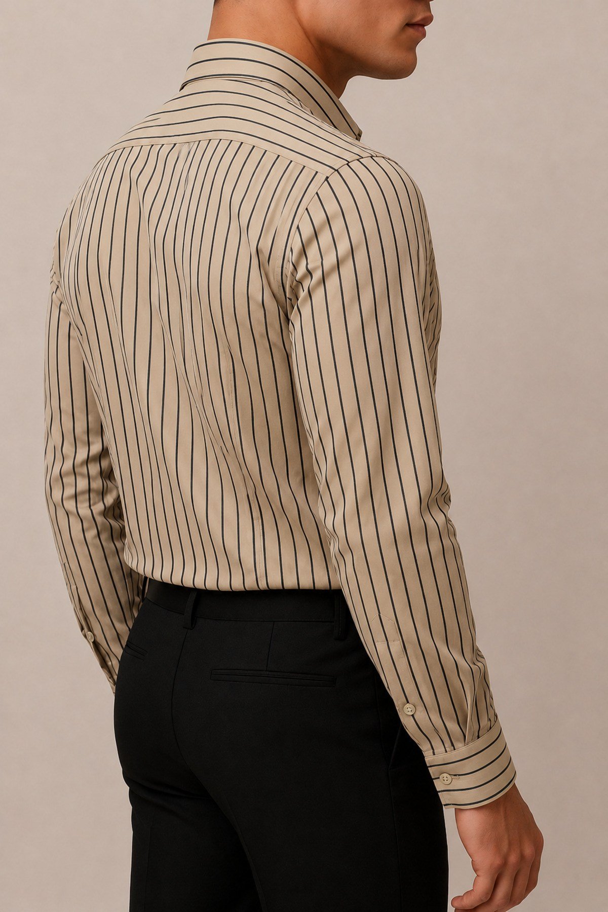 Krem Çizgili Erkek Slim Fit Saten Gömlek Uzun Kollu Şık Gömlek