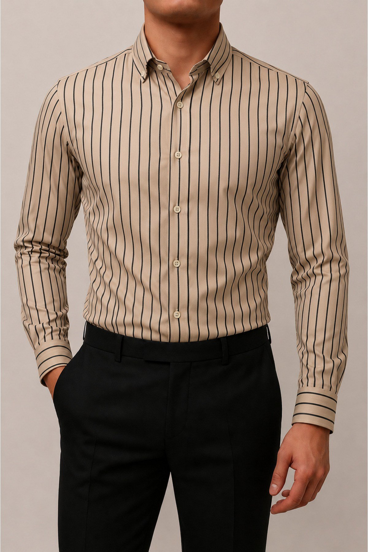 Krem Çizgili Erkek Slim Fit Saten Gömlek Uzun Kollu Şık Gömlek