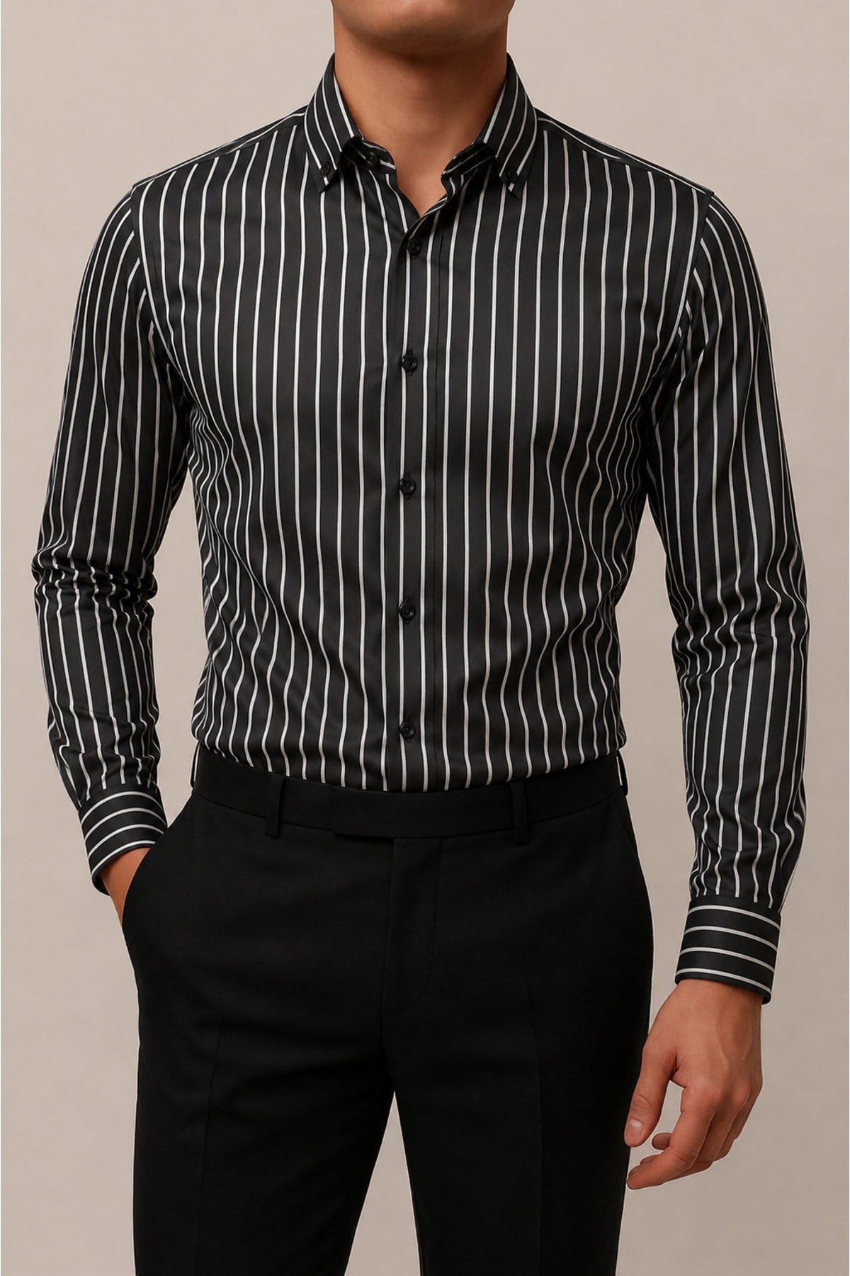 Siyah Çizgili Erkek Slim Fit Saten Gömlek Uzun Kollu Şık Gömlek