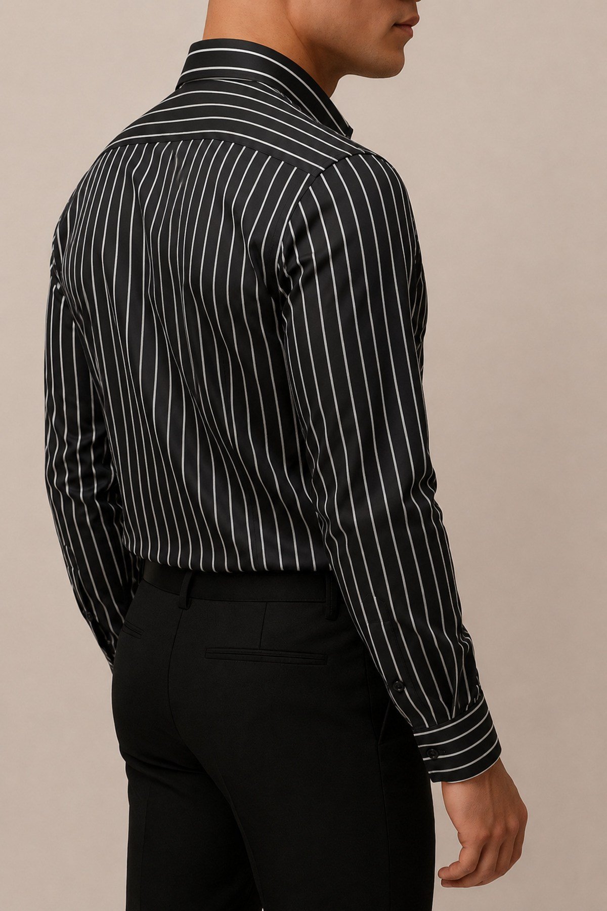 Siyah Çizgili Erkek Slim Fit Saten Gömlek Uzun Kollu Şık Gömlek