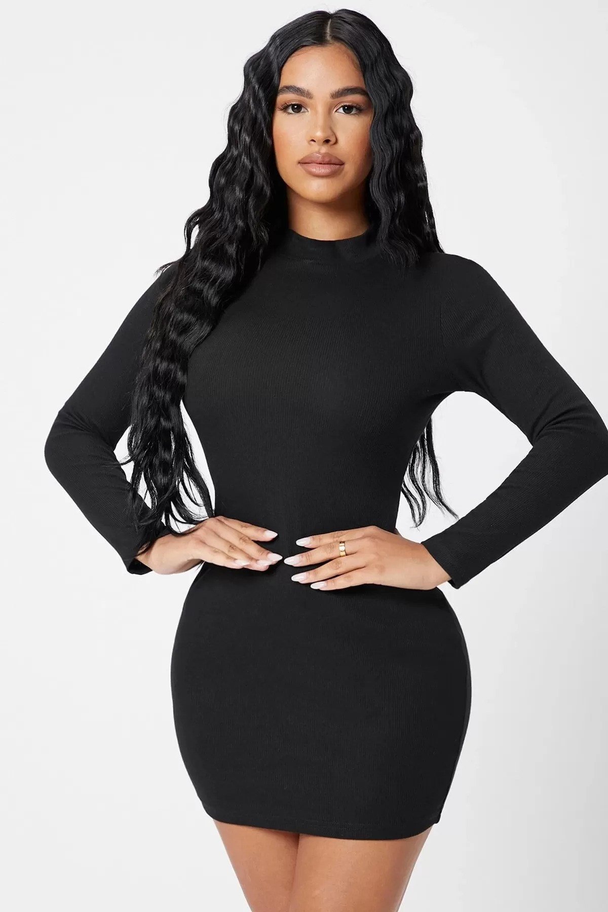 Siyah Kaşkorse Balıkçı Yaka Uzun Kollu Bodycon Mini Elbise