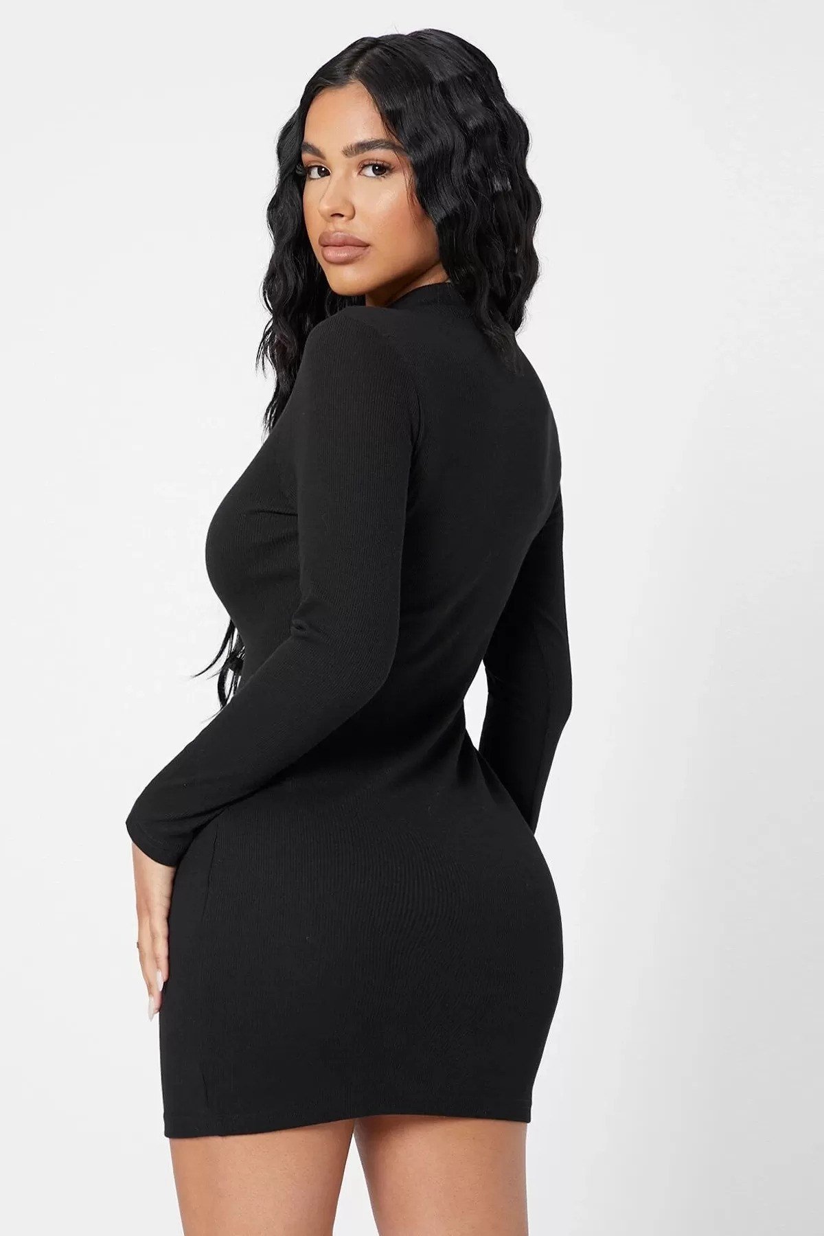 Siyah Kaşkorse Balıkçı Yaka Uzun Kollu Bodycon Mini Elbise