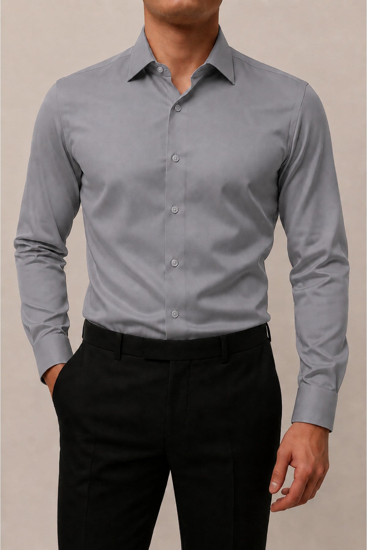 Slim Fit Dar Kesim Uzun Kollu Kolay Ütü Nefes Alan Doku Kravatlık Dört Mevsim Gri Erkek Gömlek