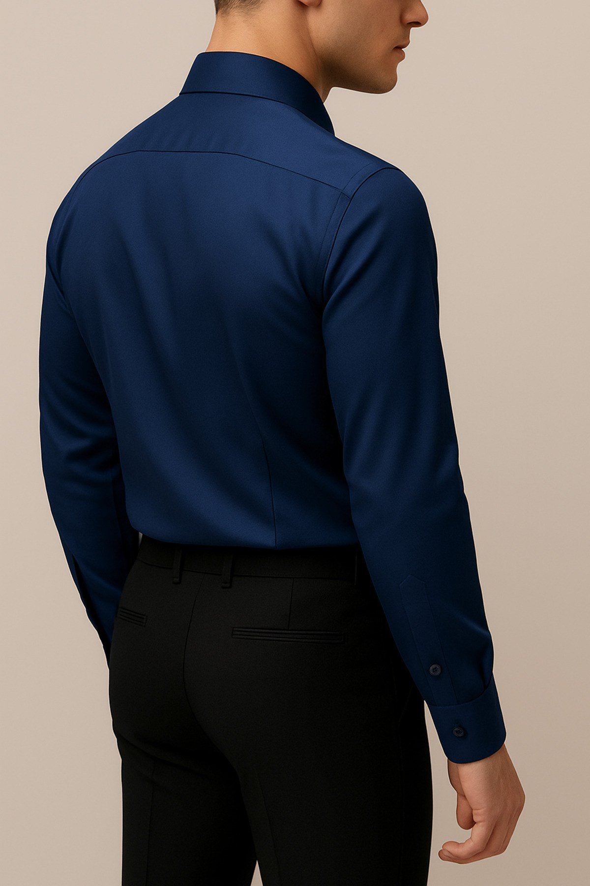 Slim Fit Dar Kesim Uzun Kollu Kolay Ütü Nefes Alan Doku Kravatlık Dört Mevsim Lacivert Erkek Gömlek