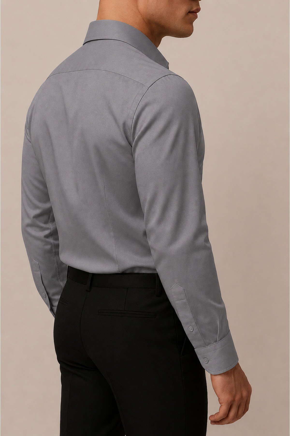Slim Fit Dar Kesim Uzun Kollu Kolay Ütü Nefes Alan Doku Kravatlık Dört Mevsim Gri Erkek Gömlek