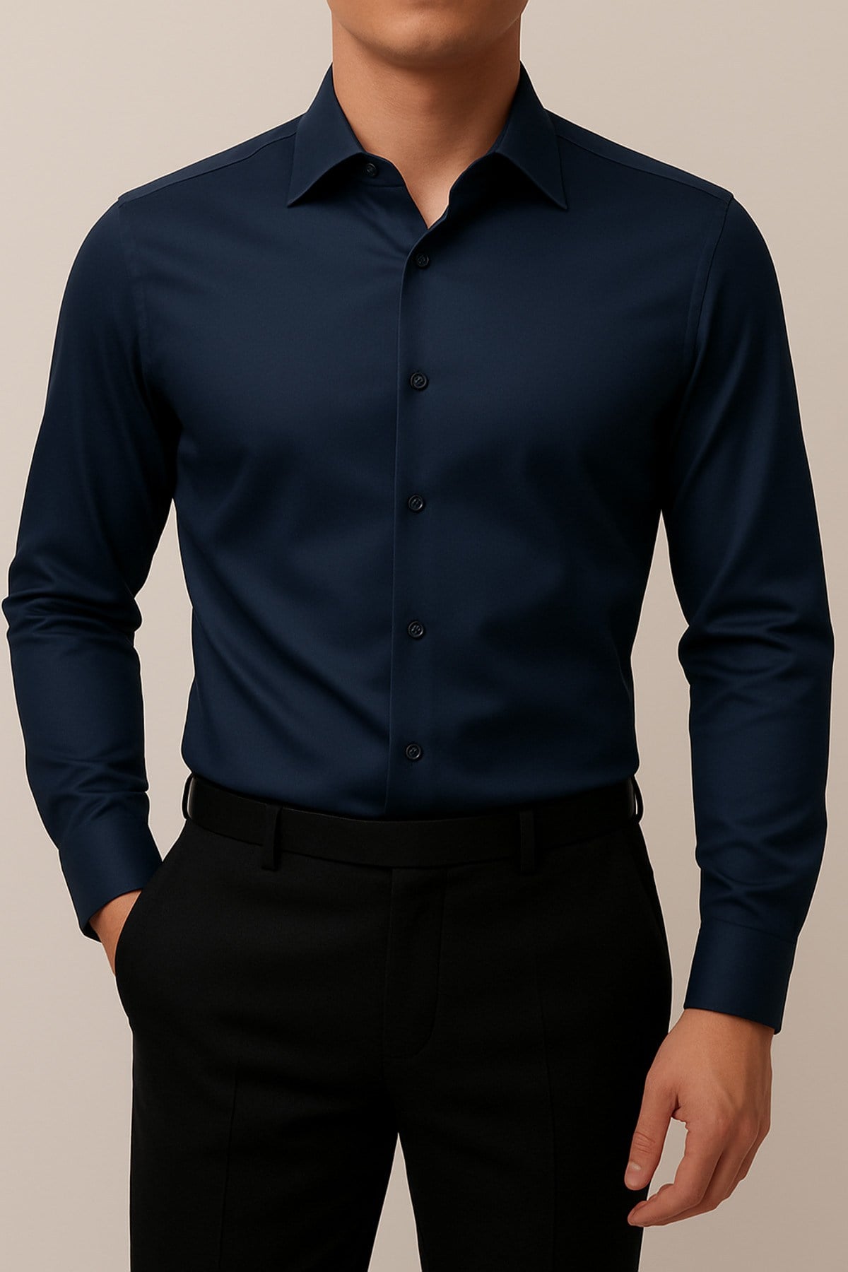 Slim Fit Dar Kesim Uzun Kollu Kolay Ütü Nefes Alan Doku Kravatlık Dört Mevsim Lacivert Erkek Gömlek