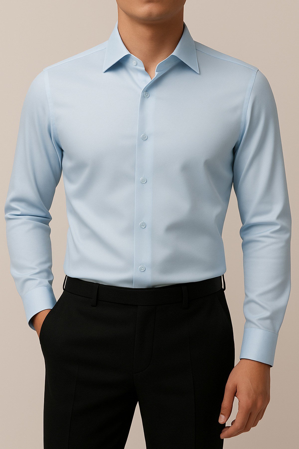 Slim Fit Dar Kesim Uzun Kollu Kolay Ütü Nefes Alan Doku Kravatlık Dört Mevsim Mavi Erkek Gömlek