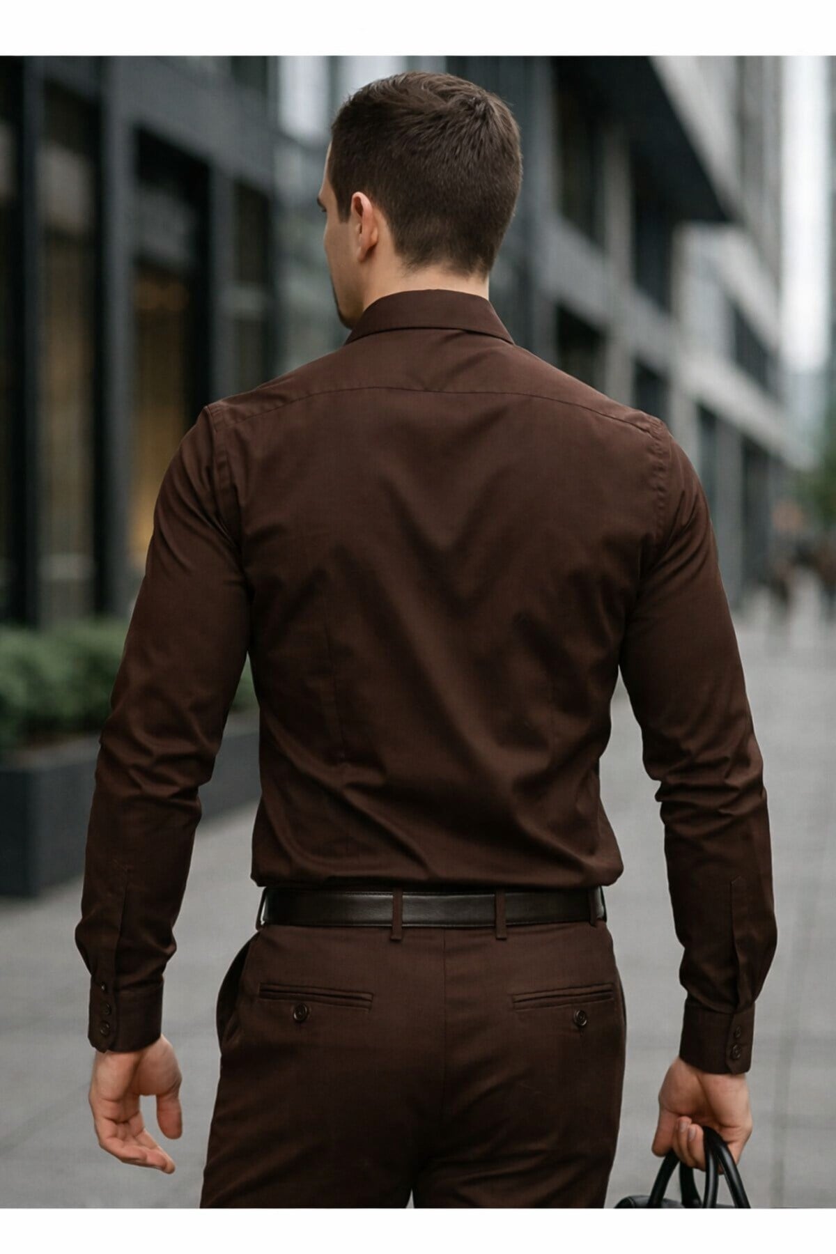 Slim Fit Uzun Kollu Kolay Ütü Teri Emen Nefes Alan Doku Kravatlık Kahverengi Erkek Gömlek