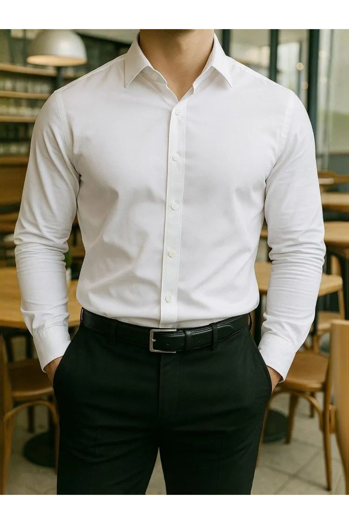 Slim Fit Uzun Kollu Kolay Ütü Teri Emen Nefes Alan Doku Kravatlık Beyaz Erkek Gömlek