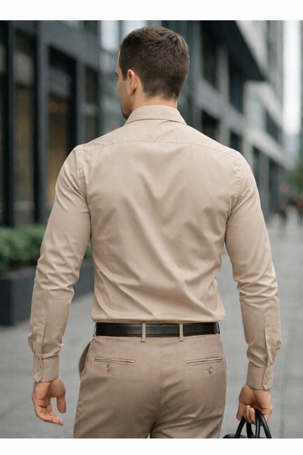 Slim Fit Uzun Kollu Kolay Ütü Teri Emen Nefes Alan Doku Kravatlık Bej Erkek Gömlek