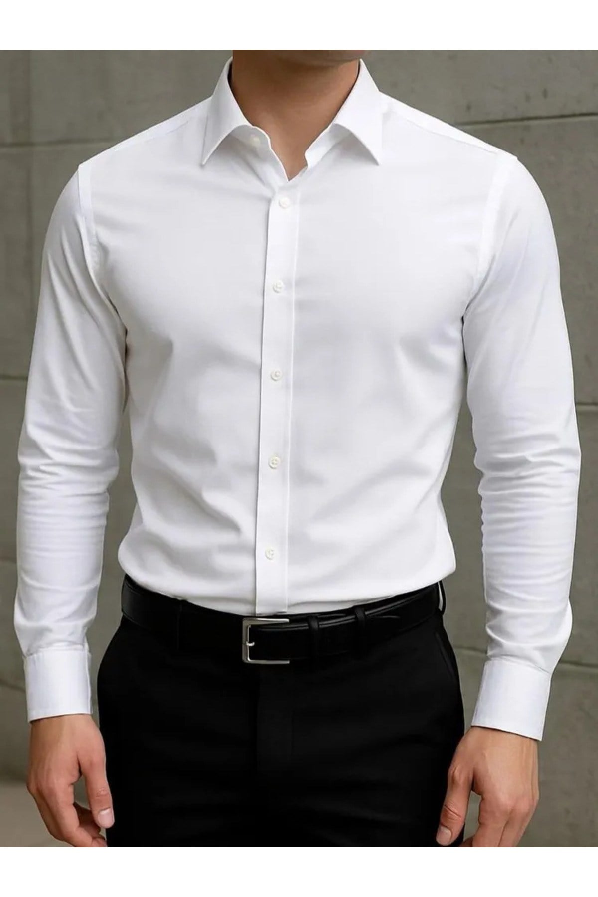 Slim Fit Uzun Kollu Kolay Ütü Teri Emen Nefes Alan Doku Kravatlık Beyaz Erkek Gömlek