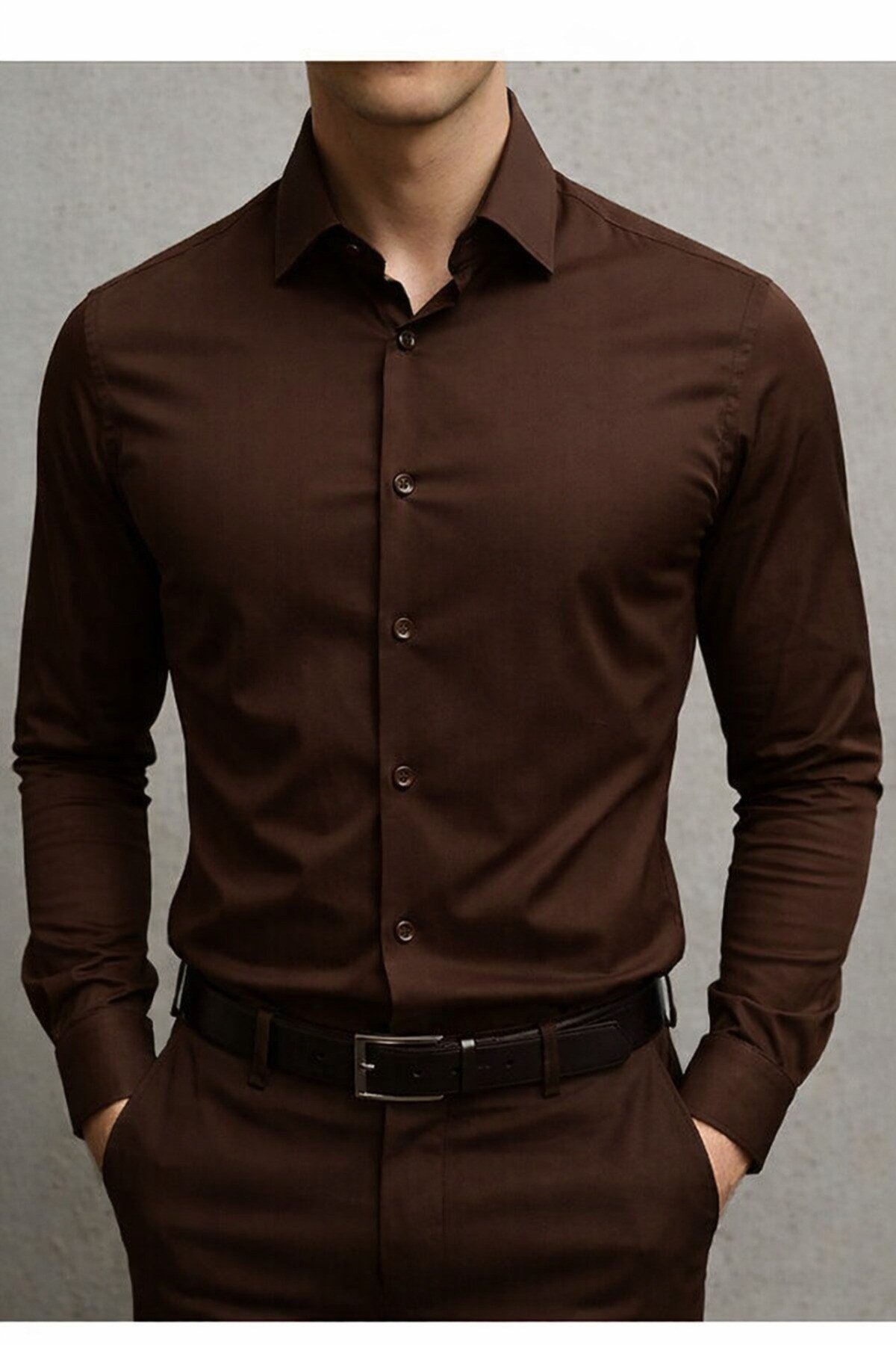 Slim Fit Uzun Kollu Kolay Ütü Teri Emen Nefes Alan Doku Kravatlık Kahverengi Erkek Gömlek