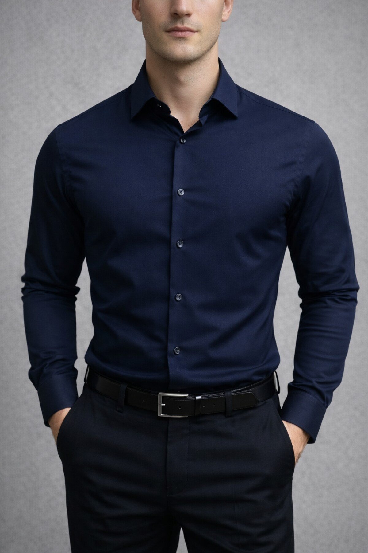 Slim Fit Uzun Kollu Kolay Ütü Teri Emen Nefes Alan Doku Kravatlık Dört Mevsim Erkek Gömlek