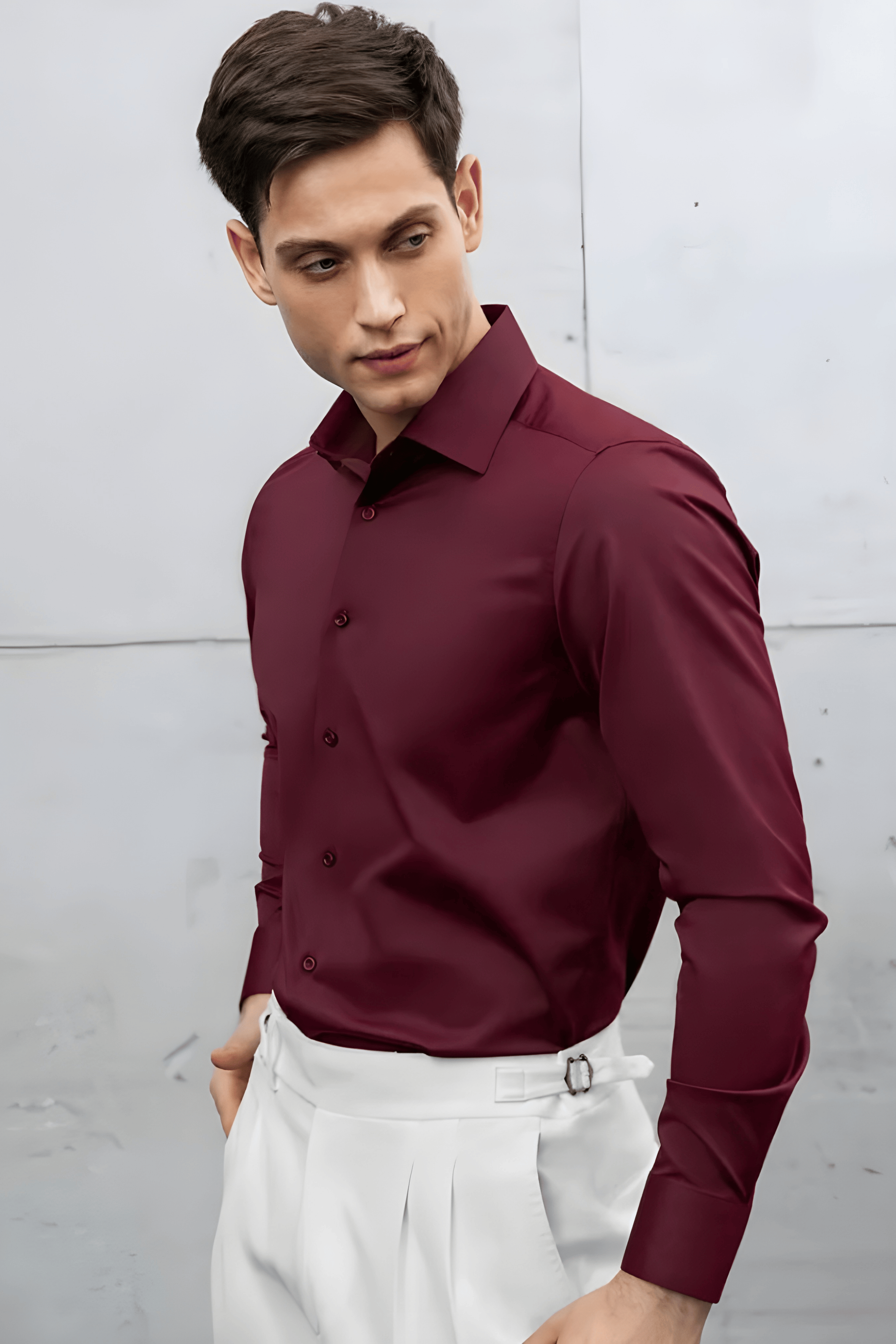 Slim Fit Uzun Kollu Kolay Ütü Teri Emen Nefes Alan Doku Kravatlık Dört Mevsim Bordo Erkek Gömlek