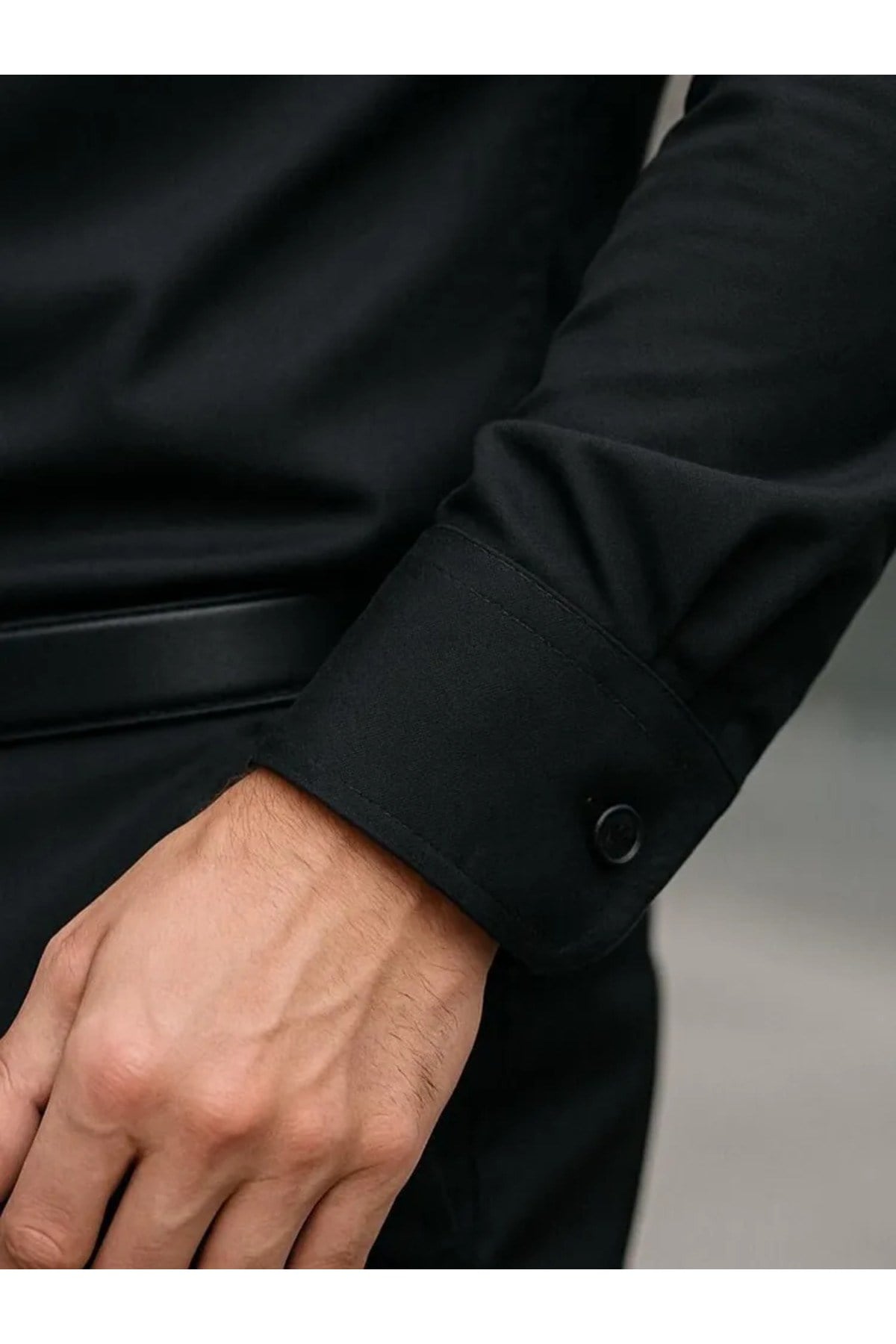 Slim Fit Uzun Kollu Kolay Ütü Teri Emen Nefes Alan Doku Kravatlık Siyah Erkek Gömlek