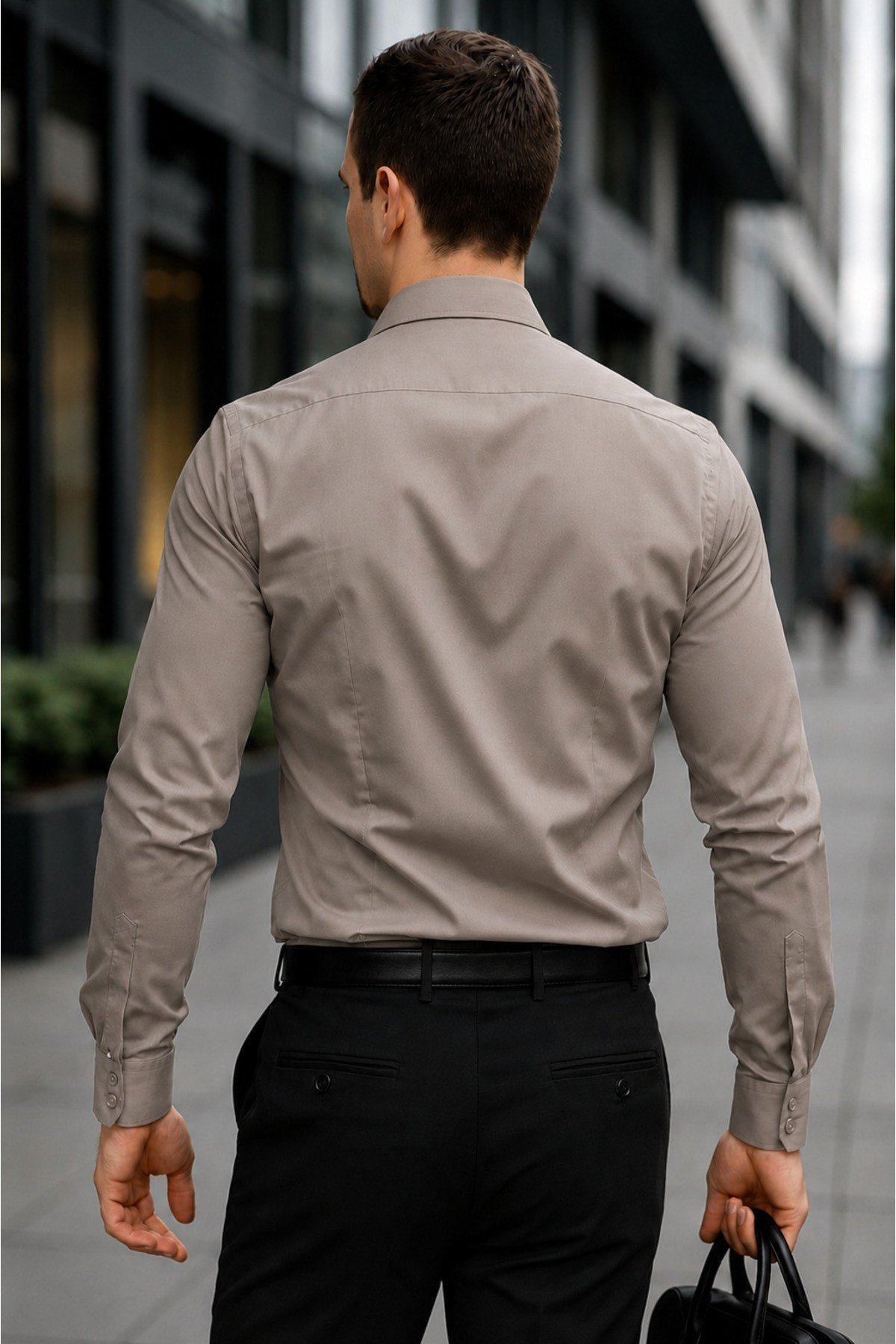 Slim Fit Uzun Kollu Kolay Ütü Teri Emen Nefes Alan Doku Kravatlık Gri Erkek Gömlek