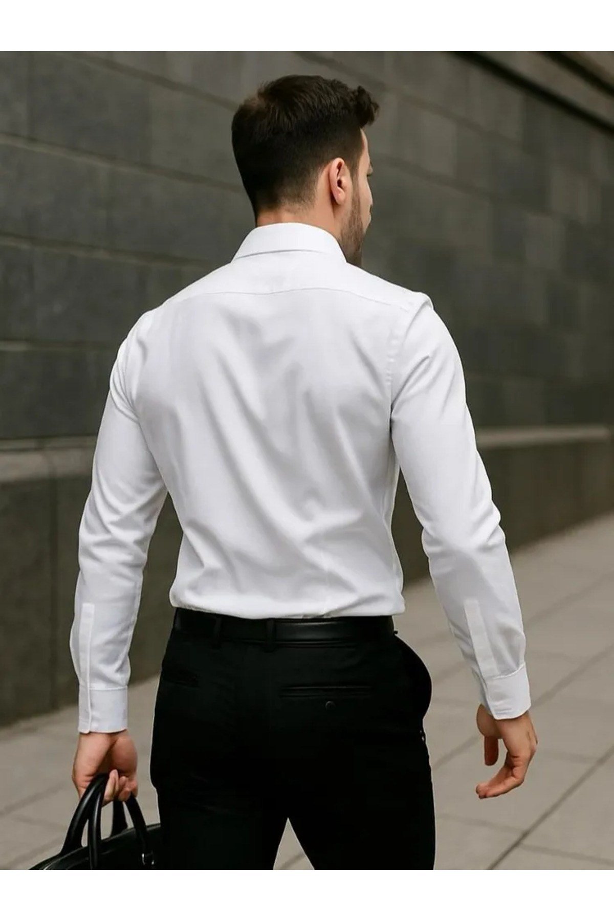 Slim Fit Uzun Kollu Kolay Ütü Teri Emen Nefes Alan Doku Kravatlık Beyaz Erkek Gömlek
