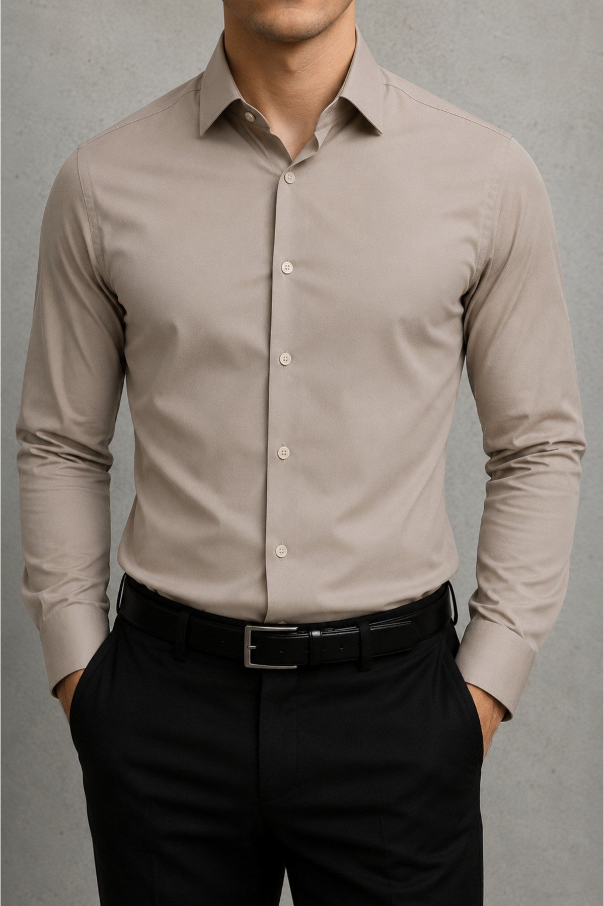 Slim Fit Uzun Kollu Kolay Ütü Teri Emen Nefes Alan Doku Kravatlık Gri Erkek Gömlek