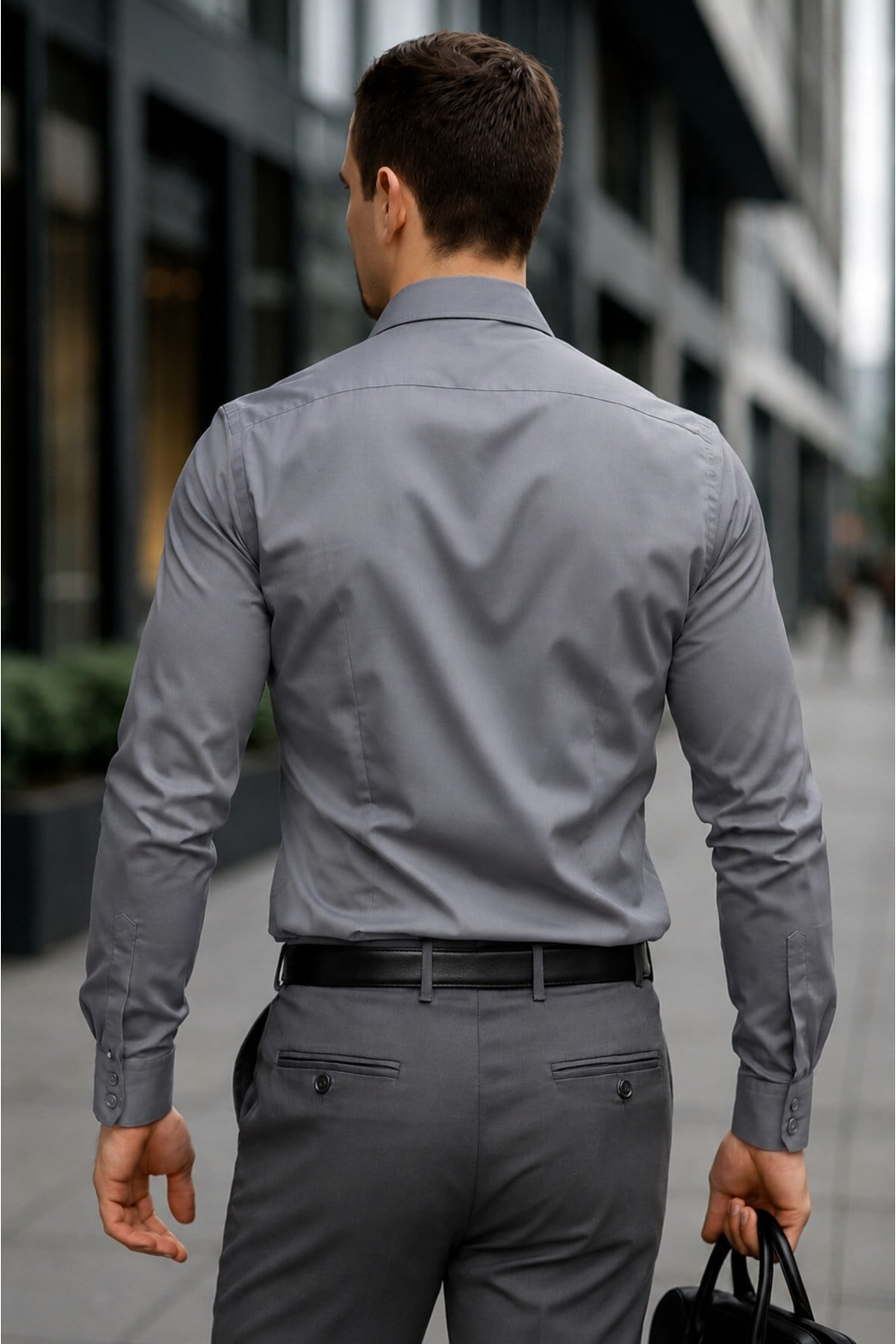 Slim Fit Uzun Kollu Kolay Ütü Teri Emen Nefes Alan Doku Kravatlık Gri Erkek Gömlek