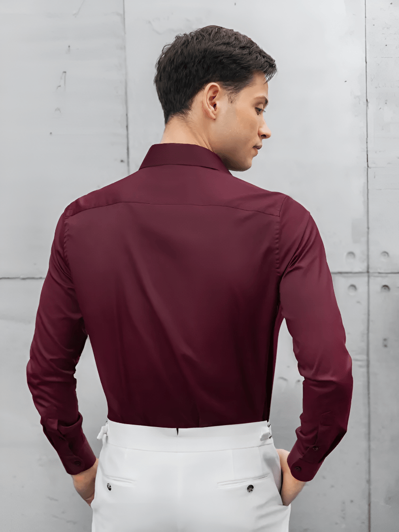 Slim Fit Uzun Kollu Kolay Ütü Teri Emen Nefes Alan Doku Kravatlık Dört Mevsim Bordo Erkek Gömlek