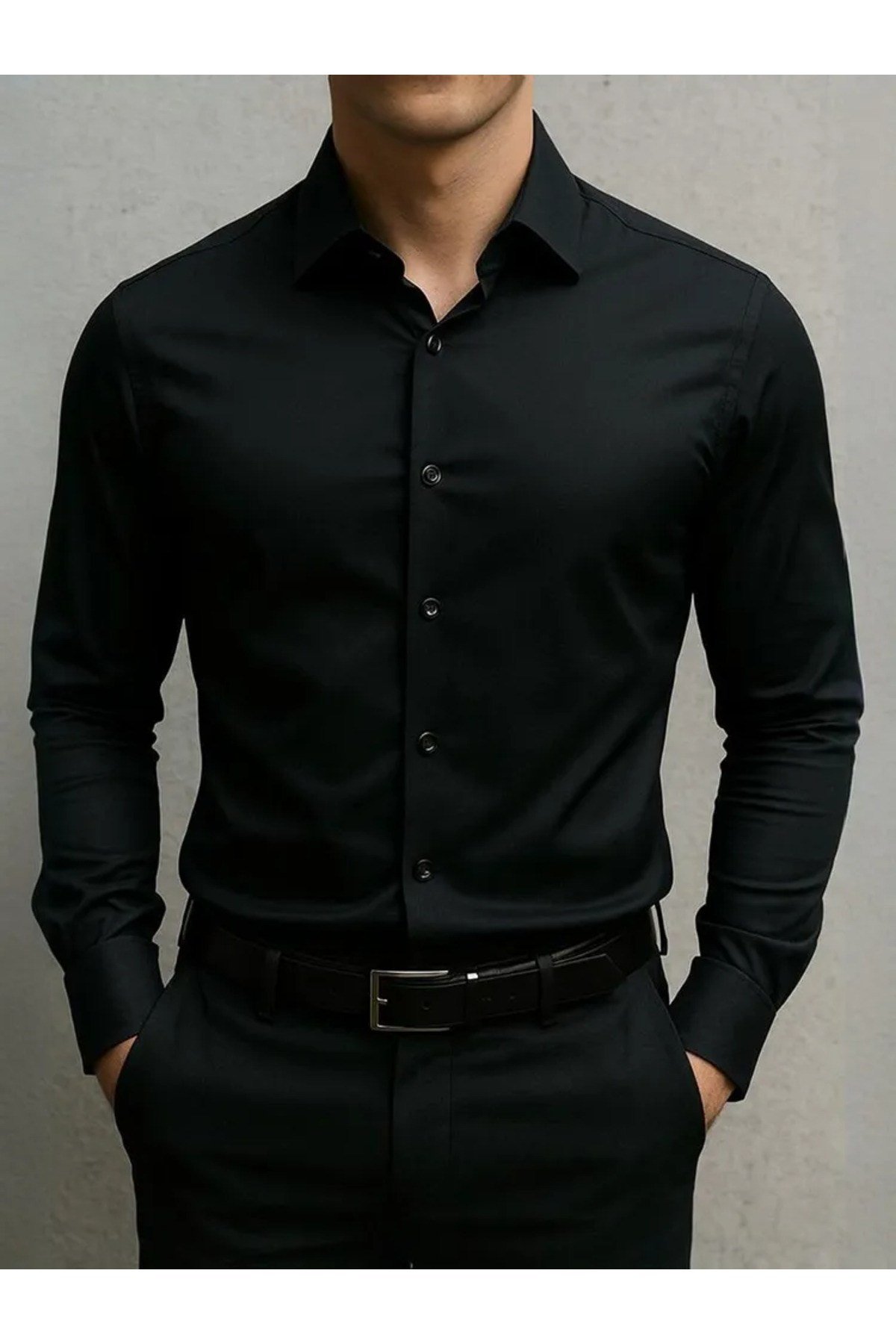 Slim Fit Uzun Kollu Kolay Ütü Teri Emen Nefes Alan Doku Kravatlık Siyah Erkek Gömlek