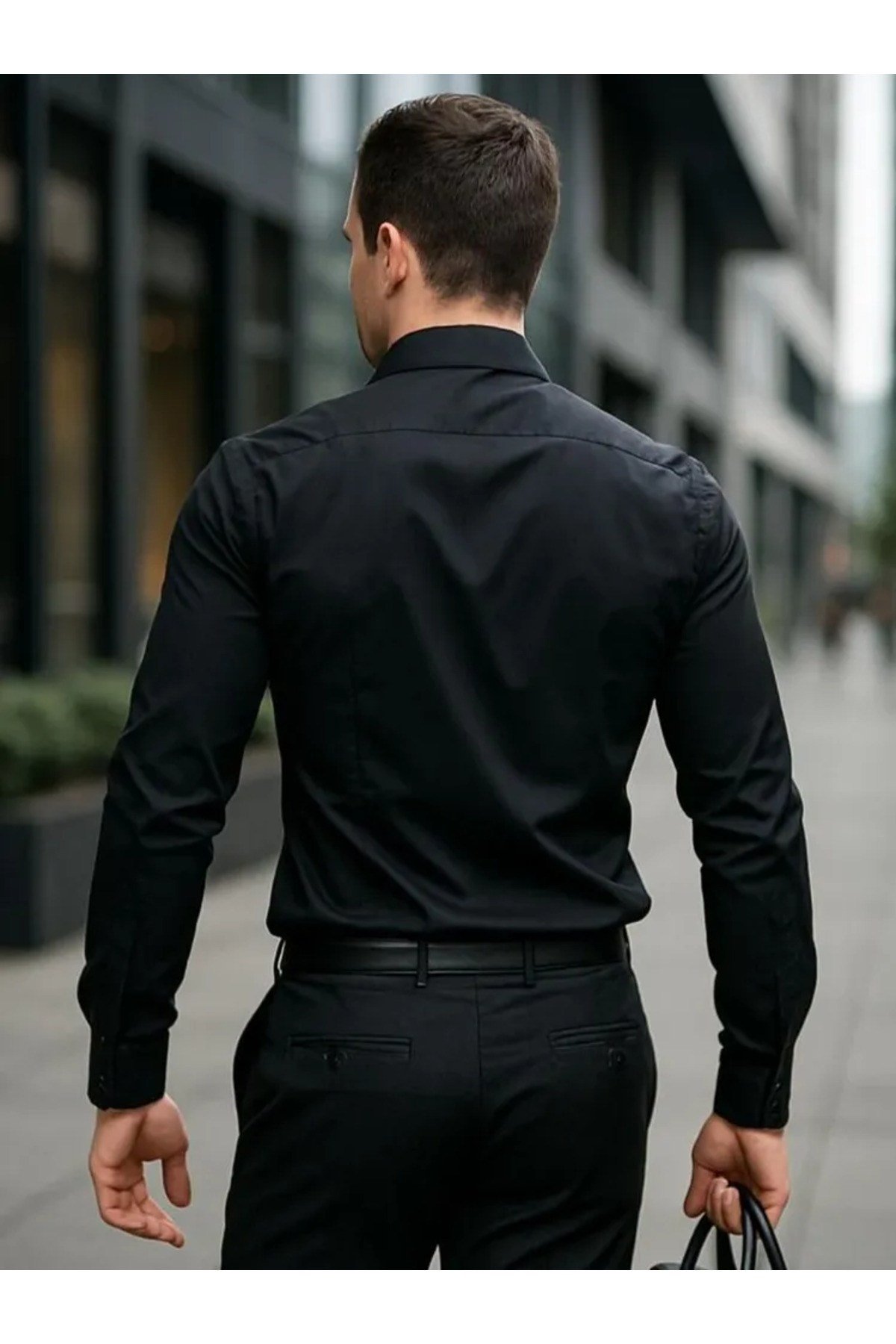Slim Fit Uzun Kollu Kolay Ütü Teri Emen Nefes Alan Doku Kravatlık Siyah Erkek Gömlek