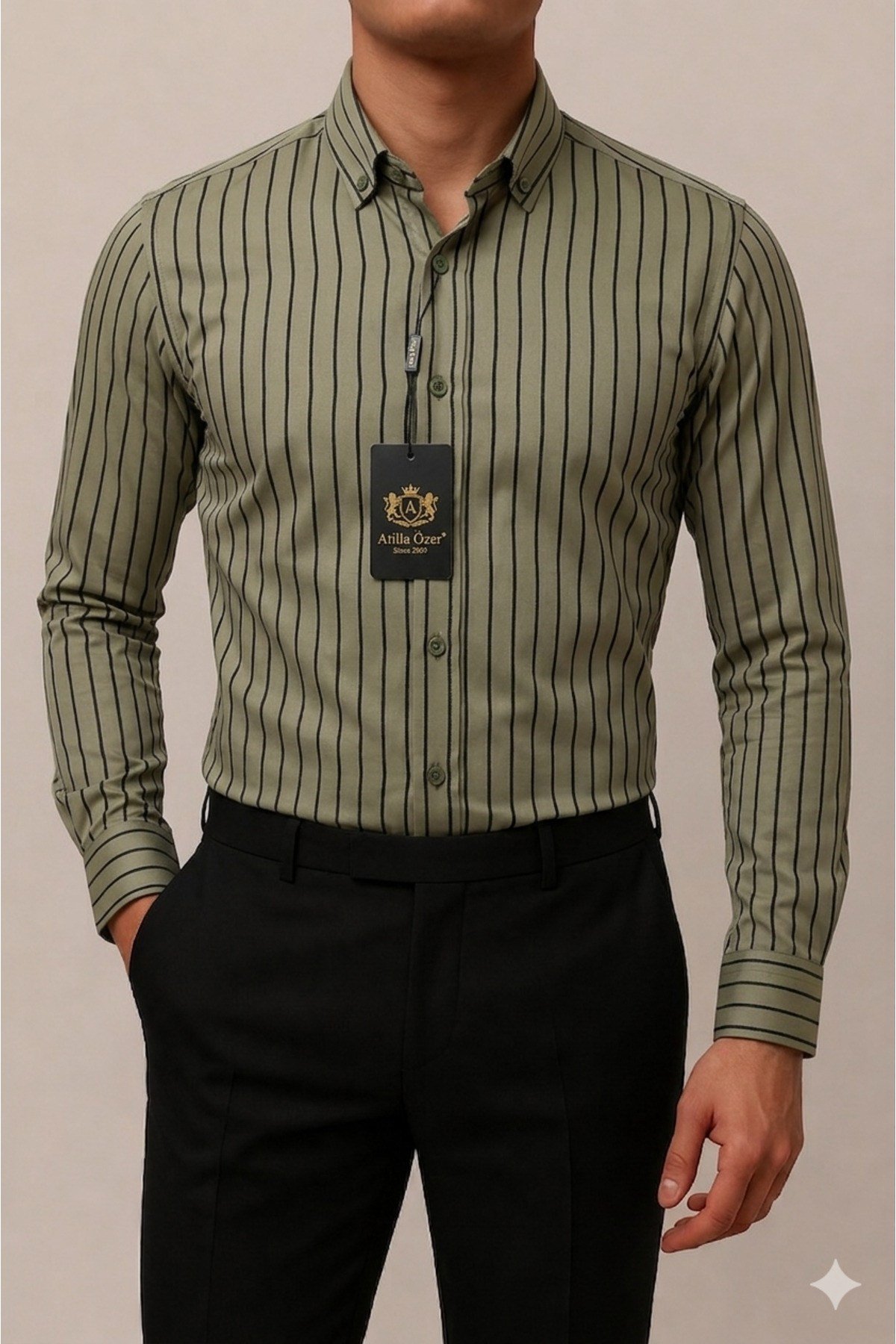 Yeşil Çizgili Erkek Slim Fit Saten Gömlek Uzun Kollu Şık Gömlek