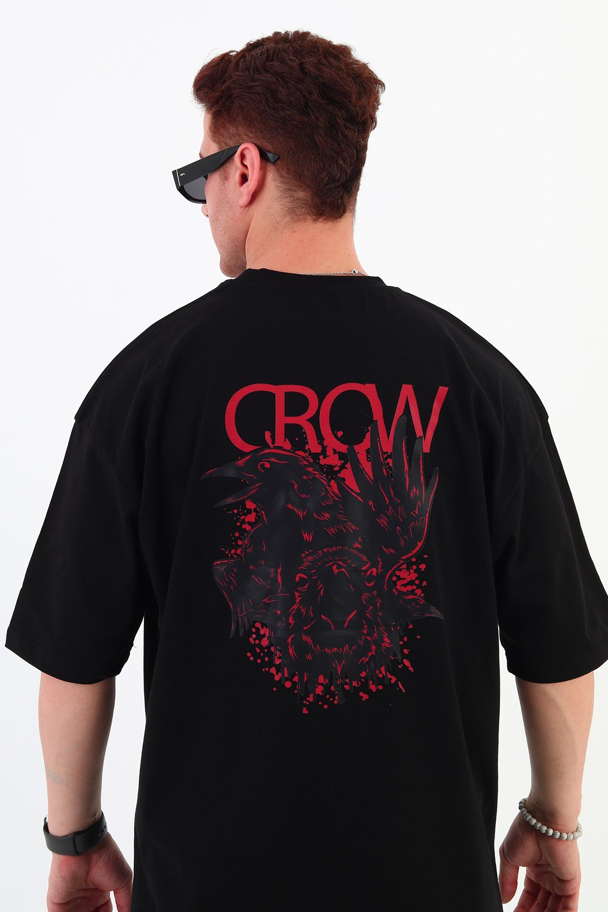 CROW-Oversize Tişört | Sırt Baskılı – Minimal Göğüs Desenli Unisex Tshirt