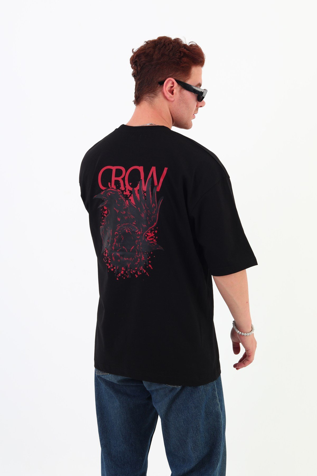 CROW-Oversize Tişört | Sırt Baskılı – Minimal Göğüs Desenli Unisex Tshirt