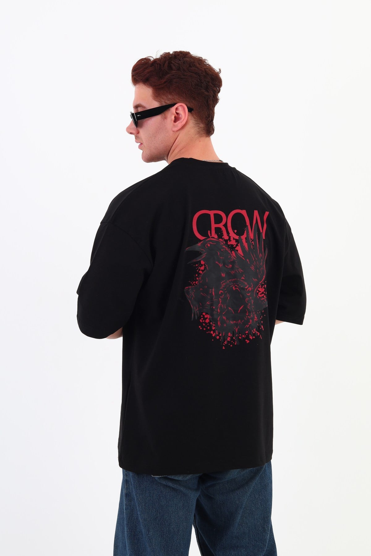 CROW-Oversize Tişört | Sırt Baskılı – Minimal Göğüs Desenli Unisex Tshirt