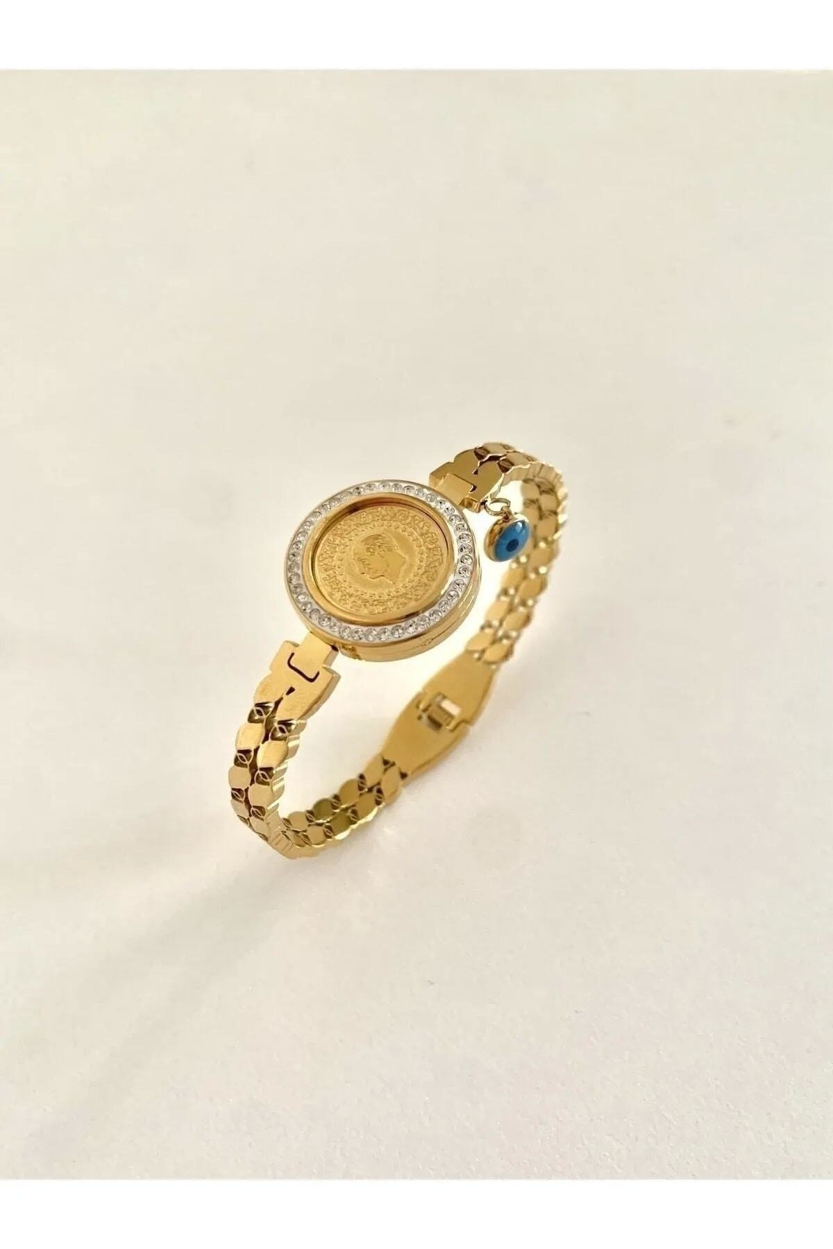 - Nazar Boncuğu Sallantılı Arpa Zinciri Detay Gold Renk Çelik Kelepçe Bileklik Opj1010