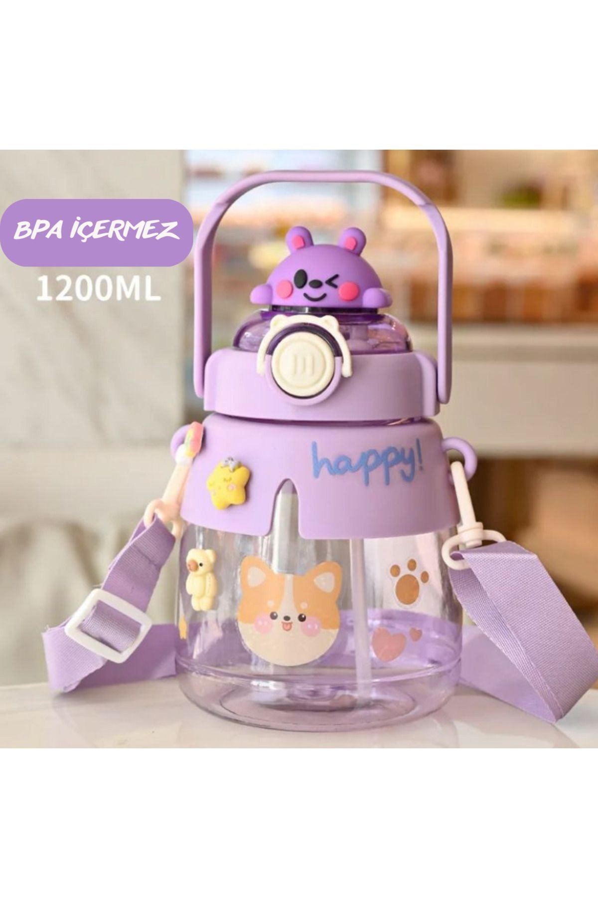 1200ml Çocuk Suluğu Hayvan Figürlü Su Matarası Bpa Içermez Okul Suluğu Taşıma Kayışlı 3d Stickerlı