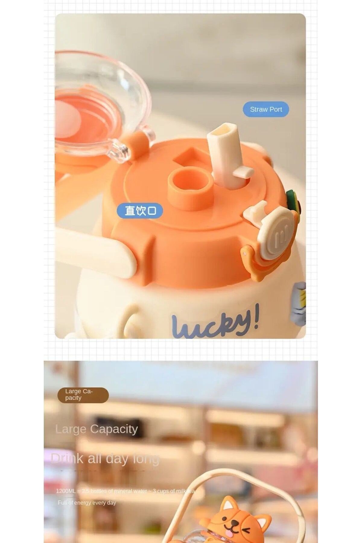 1200ml Çocuk Suluğu Hayvan Figürlü Su Matarası Bpa Içermez Okul Suluğu Taşıma Kayışlı 3d Stickerlı