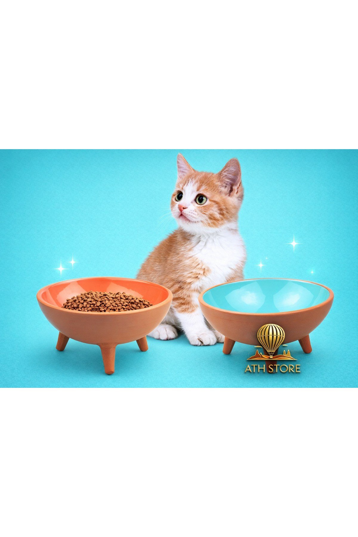 2li Ayaklı Sırlı Toprak Çömlek Kedi - Köpek Mama Kabı (15CM)