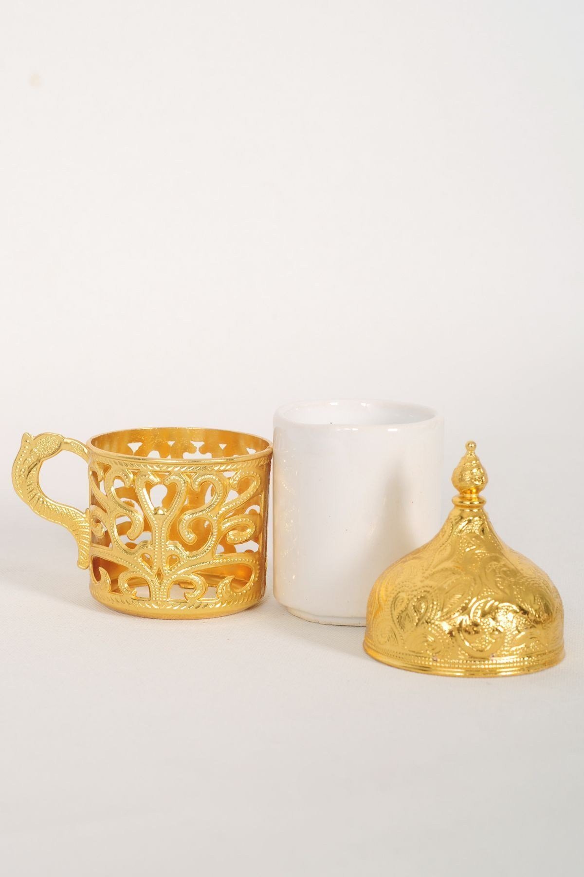 6 Kişilik Fincan Takımı Tepsi Lokumluk Gold Renk Şekerlik Tepsi Komple Set