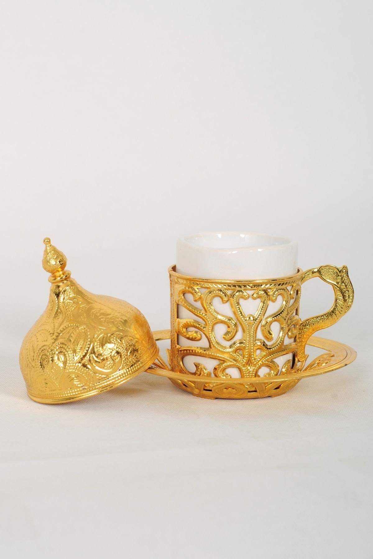 6 Kişilik Fincan Takımı Tepsi Lokumluk Gold Renk Şekerlik Tepsi Komple Set