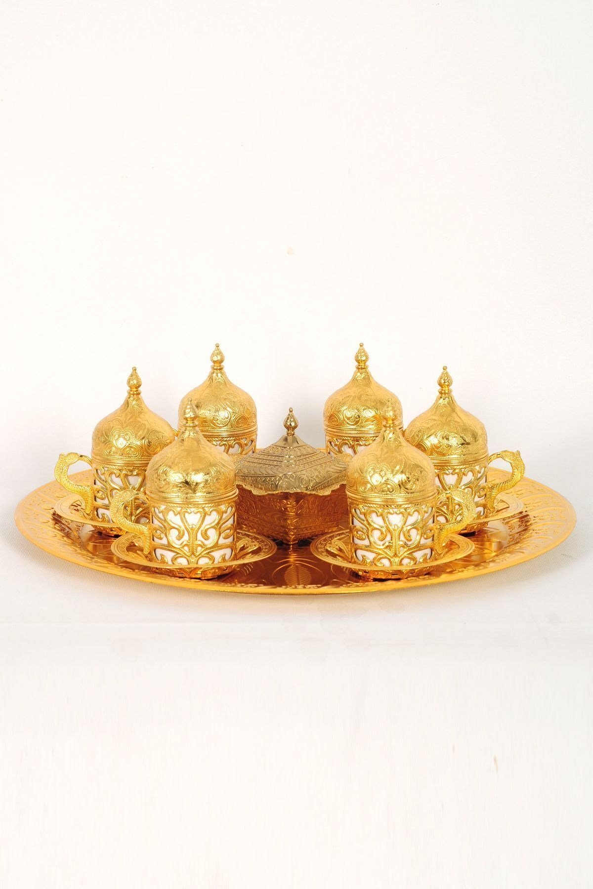6 Kişilik Fincan Takımı Tepsi Lokumluk Gold Renk Şekerlik Tepsi Komple Set