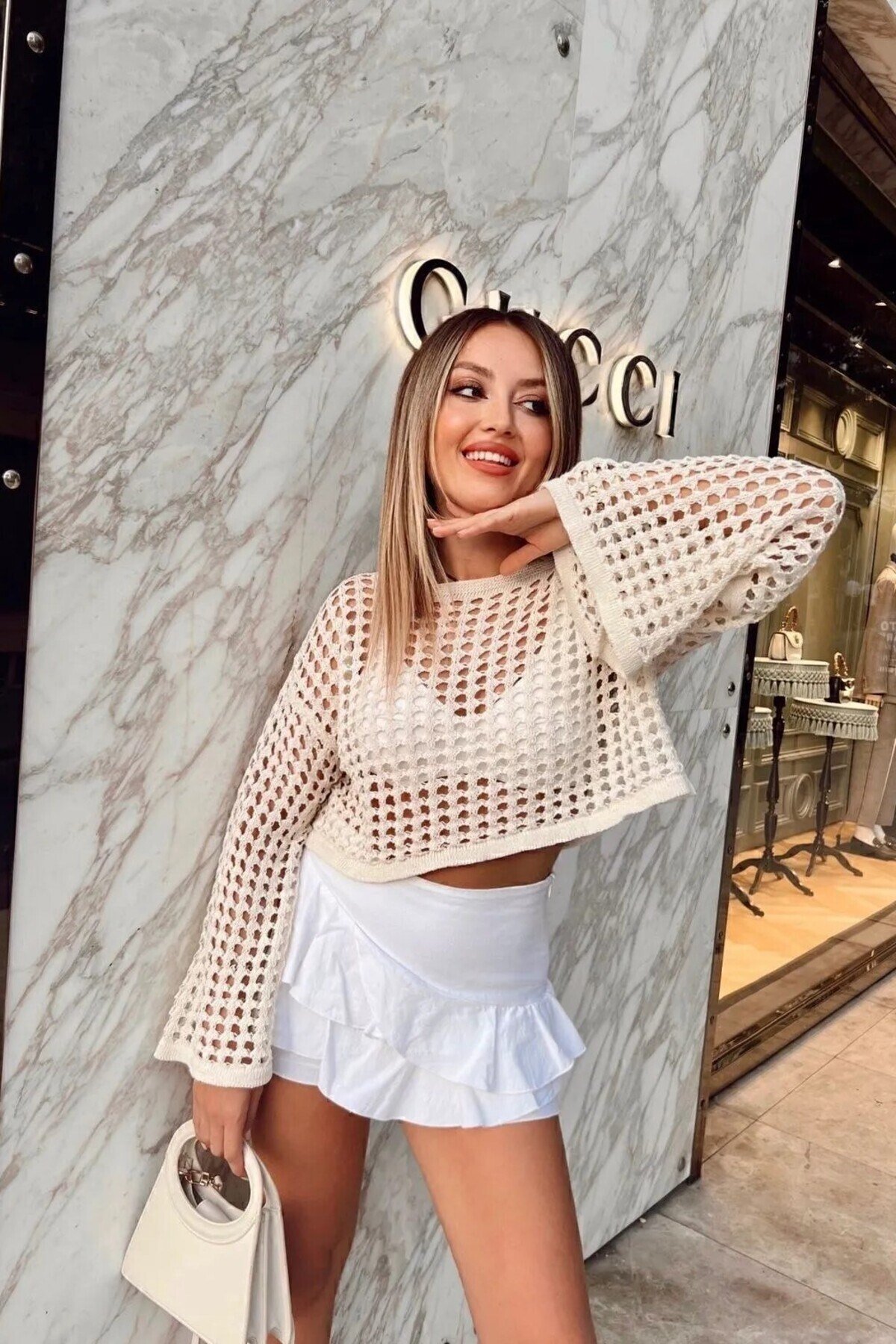 Ajurlu Model Yarasa Kol Kayık Yaka Salaş Kaşındırmaz Pamuklu Crop Triko Bluz BLU020