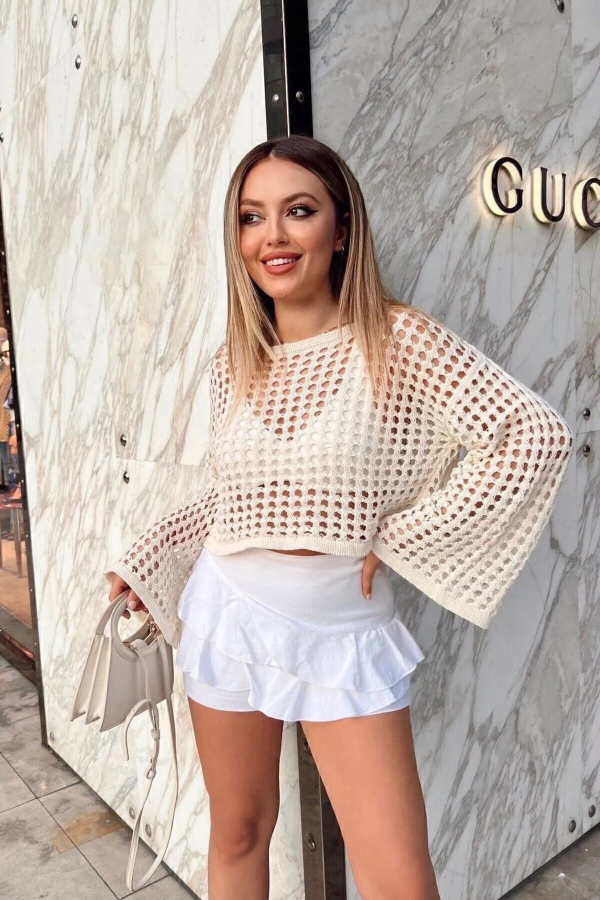 Ajurlu Model Yarasa Kol Kayık Yaka Salaş Kaşındırmaz Pamuklu Crop Triko Bluz BLU020