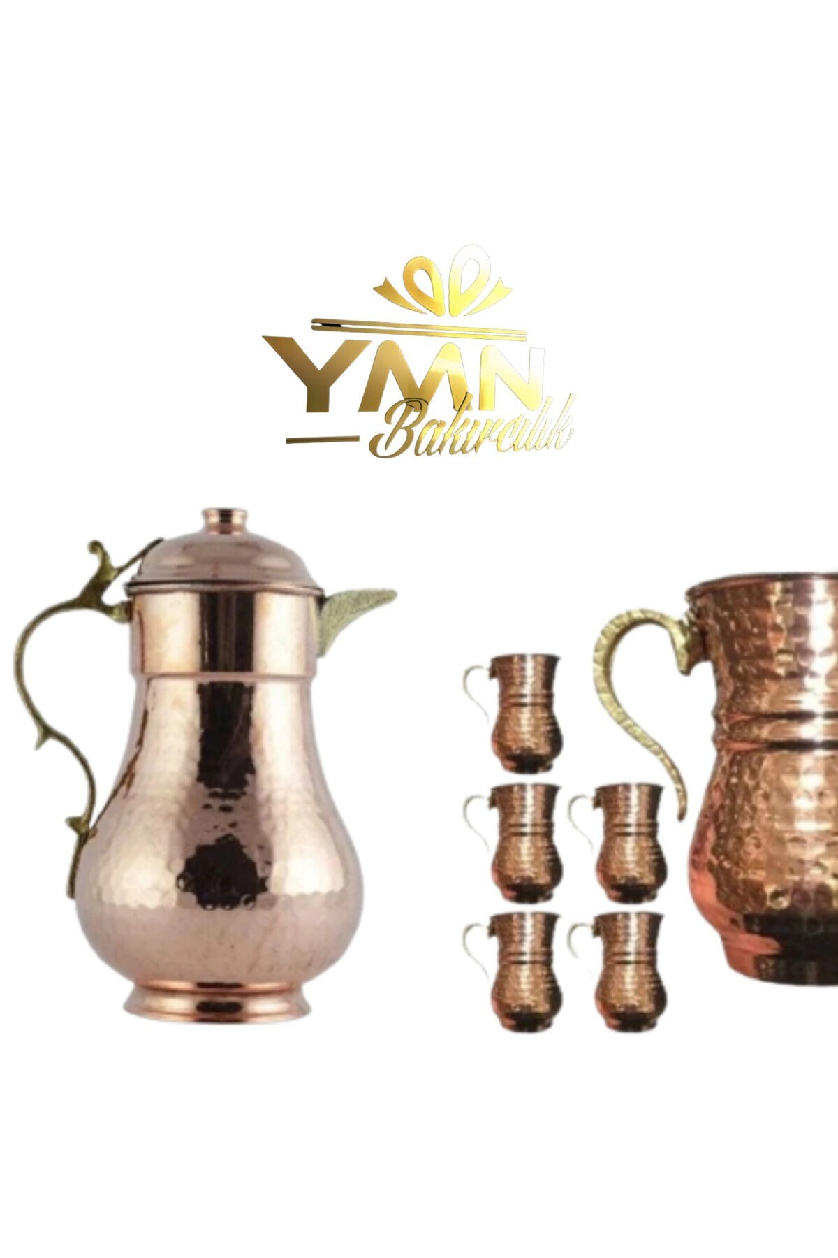 Bakır 6 Adet 2 No Ayran Bardagı + Sürahi + Tepsi