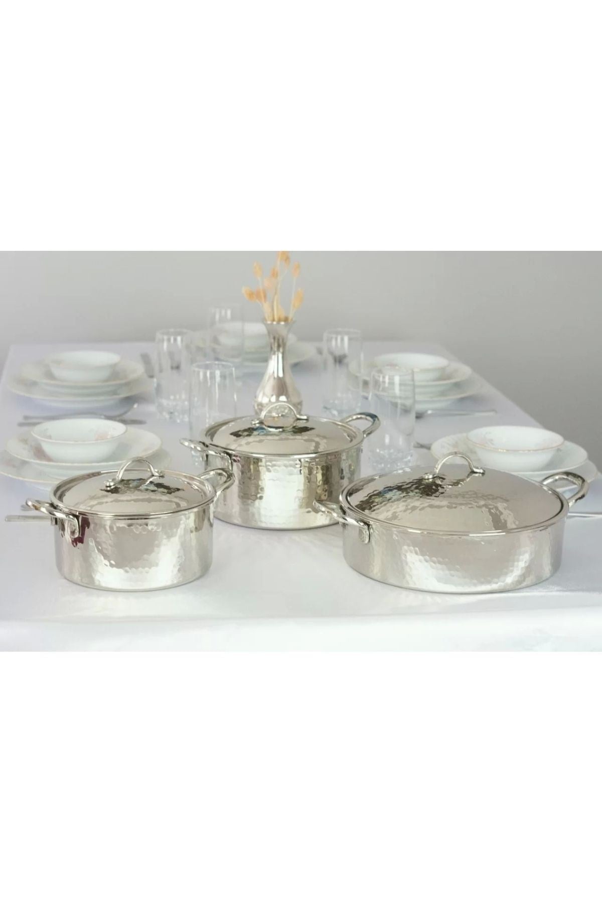Bakır Tencere Seti Modern Tasarım Gümüş Renk