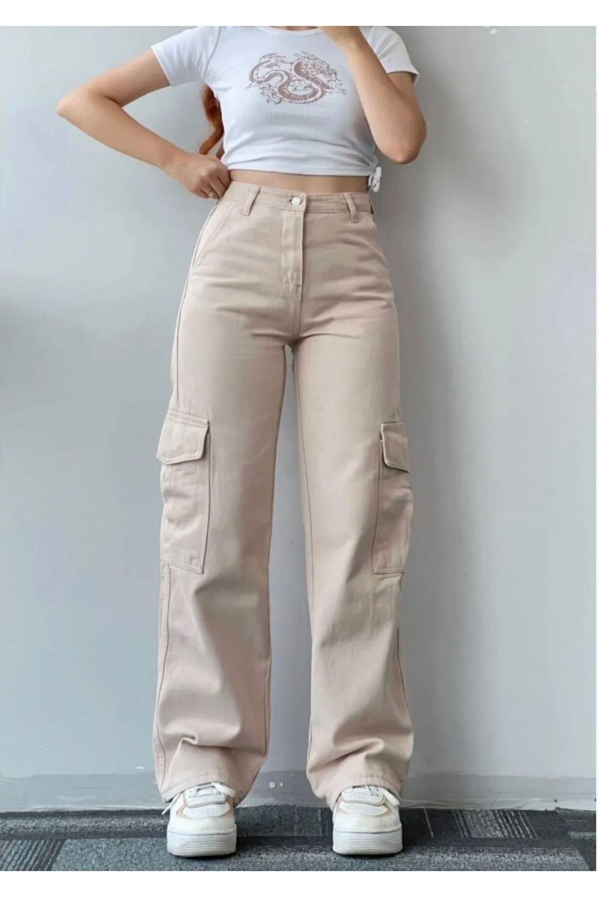 Bej Kargo Cep Pantolon Wide Leg Poseidon