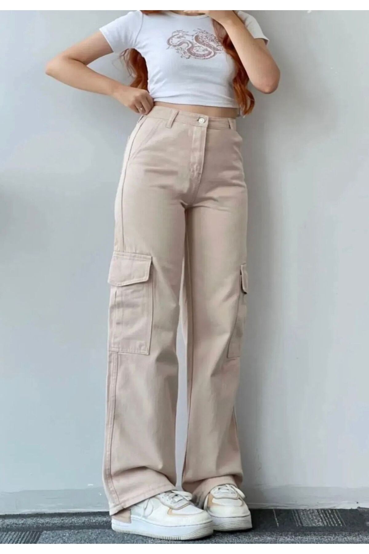 Bej Kargo Cep Pantolon Wide Leg Poseidon