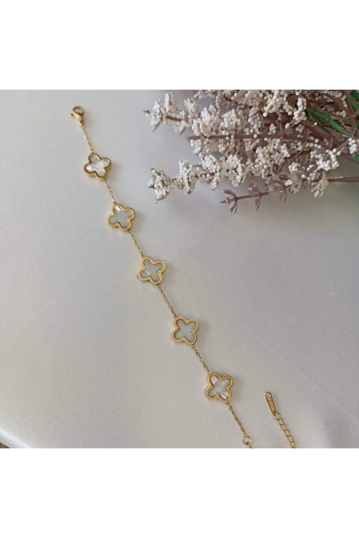 Çelik Beyaz Renk Van Cleef Yonca Bileklik (ÇİFT TARAFLI)