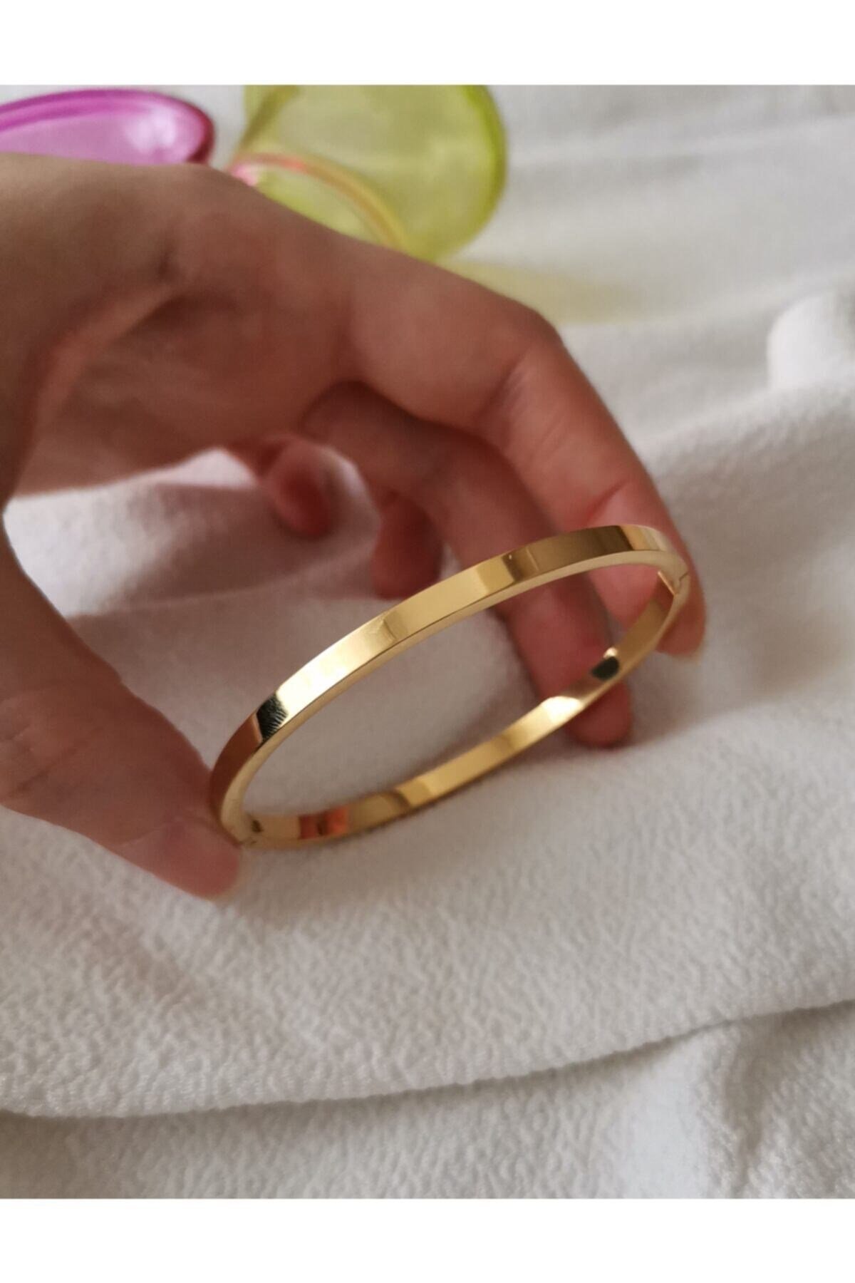 Çelik Bileklik - Paslanmaz Düz Kelepçe Bilezik Gold Renk